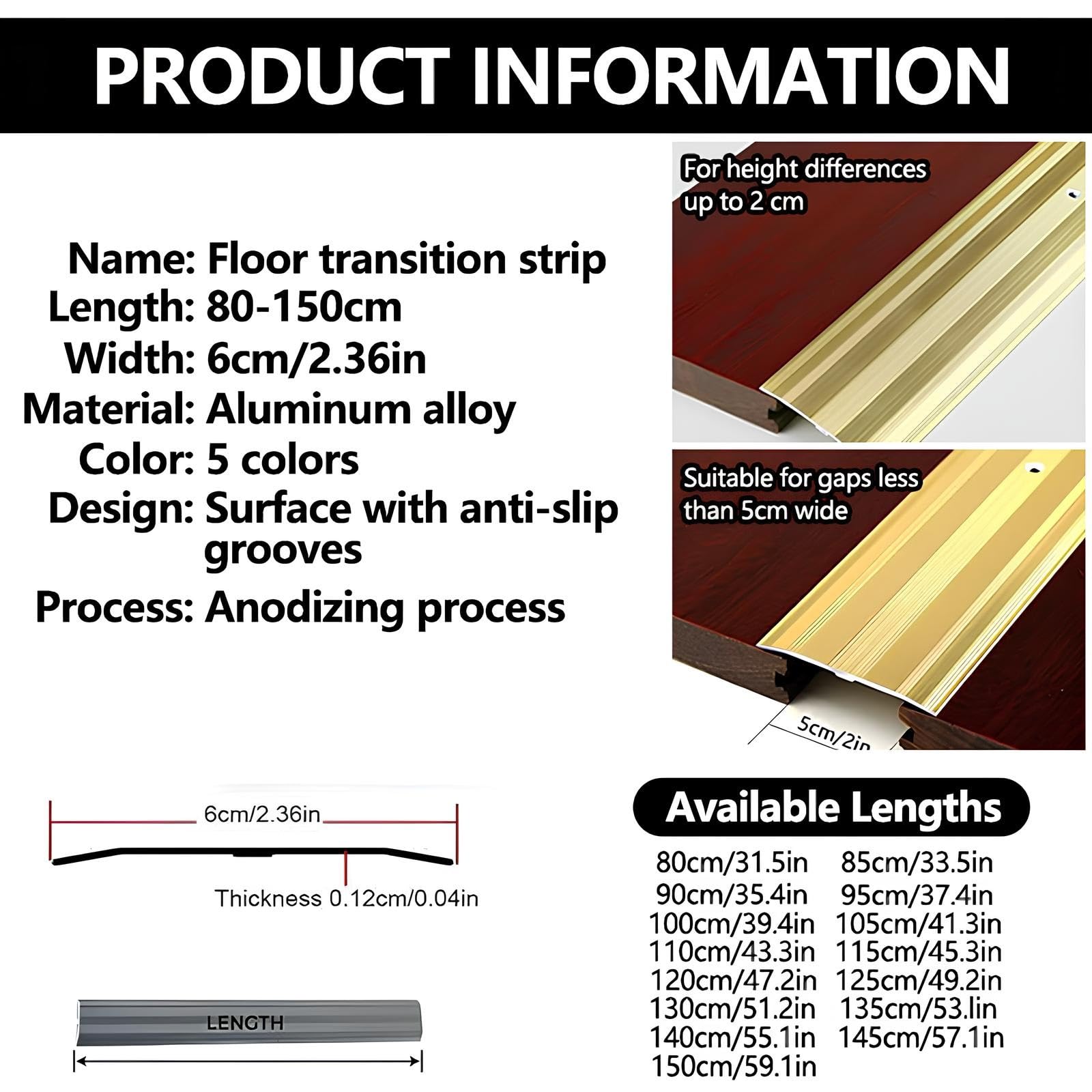 Striscia Transizione per Pavimenti in Alluminio 6 cm Larghezza | Profilo di Transizione Preforato per Porta e Riempimento Fessure Parquet e Piastrelle(Gold,60mmx130cm)