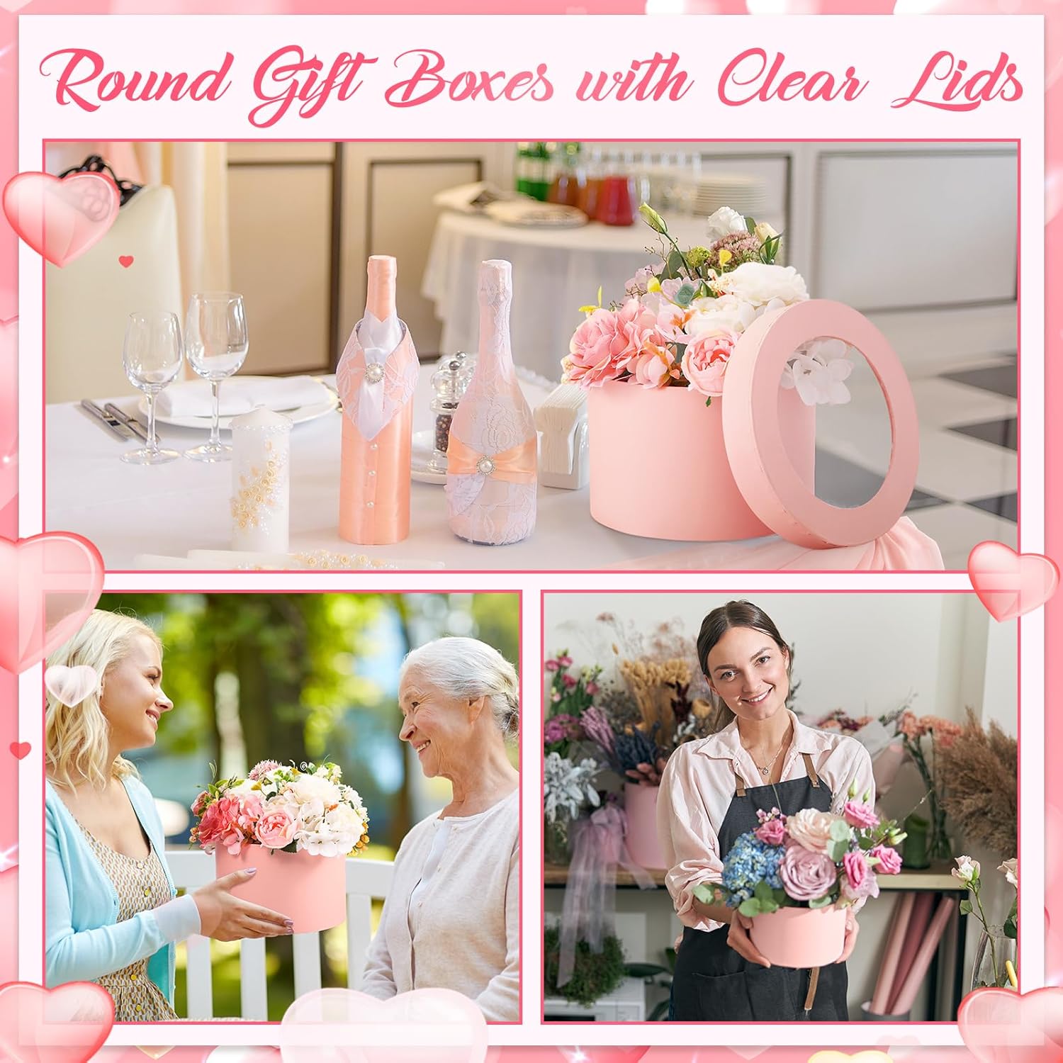 Weekgrat Set of 8 Round Flower Boxes with Clear Lids 4 Assorted Sizes Gift Boxes for Flower Arrangements Nesting Round Gift Box for Gift Mother's Day Graduation Wedding Birthday(Pink)