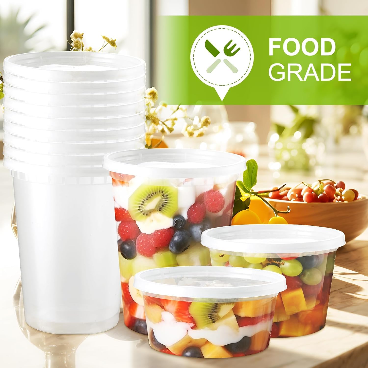LATERN 24 Stück Kunststoffbehälter mit Deckel, 360ml /12oz Wiederverwendbare Aufbewahrungsbecher für Lebensmittel Auslaufsicher Vorratsbehälter für Suppen Deli-Cups zum Essenszubereitung