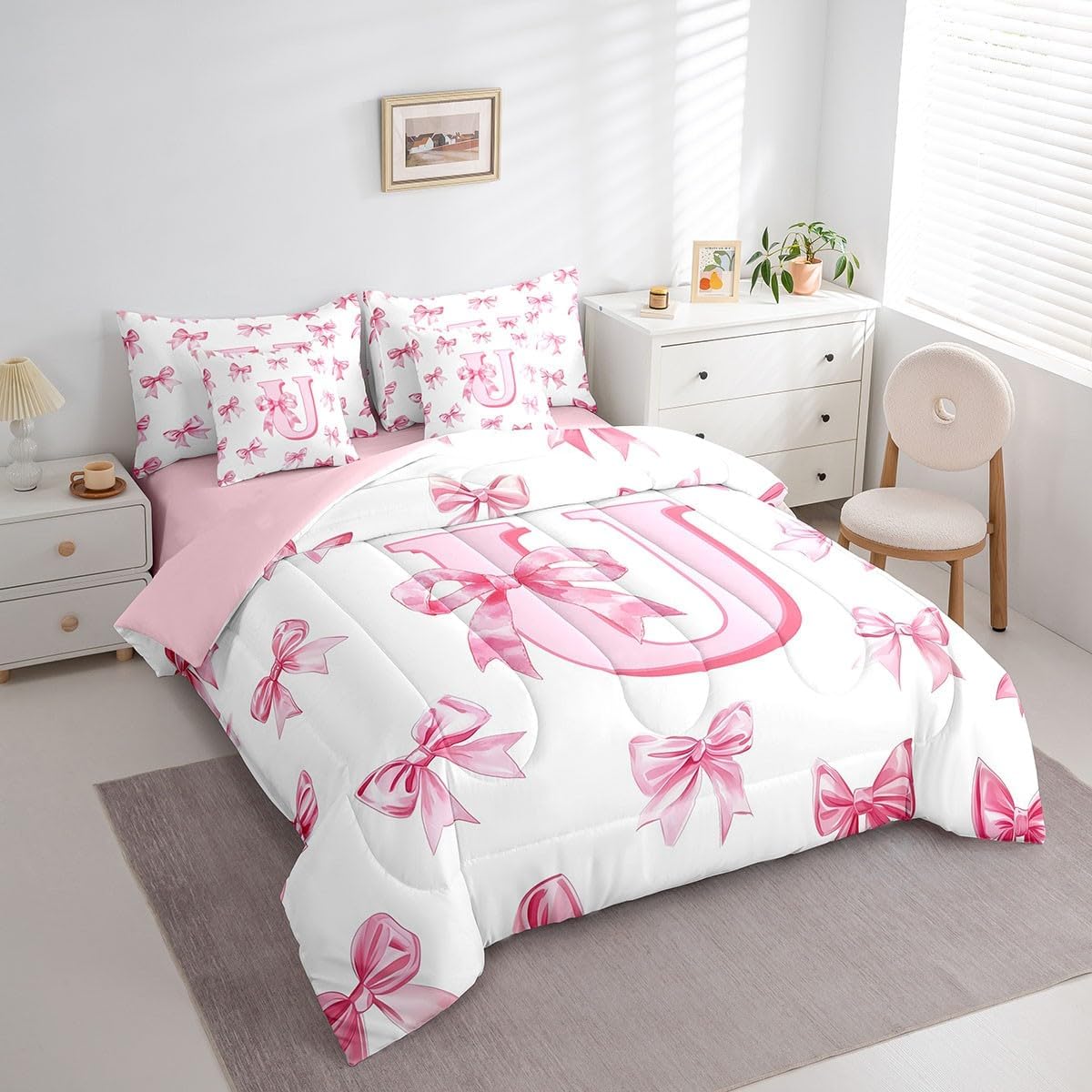 Erosebridal Cute Pink Bow Full Comforter Set 7 Piece Princess Style Bowknot Girls Bedding Set Initial Letter U Bed in A Bag with Sheets Girly Kawaii Alphabet Bow Bed Set for Kids Teen Women