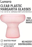 Vista 2 de Oojami Lunara Clear Plastic Margarita Glasses, 11 oz, Set of 40, Disposable Party Cups for Cocktails (Pink Ripple Ribbed)