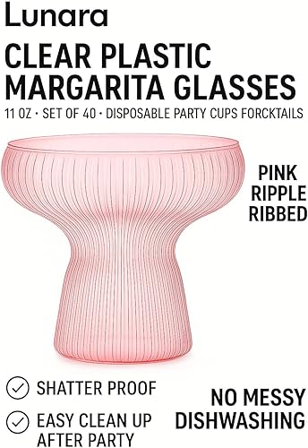 Miniatura 2 de Lunara - Vasos de Margarita de plástico transparente, 11 onzas, juego de 40, vasos desechables de fiesta para cócteles (acanalado rosado ondulado)