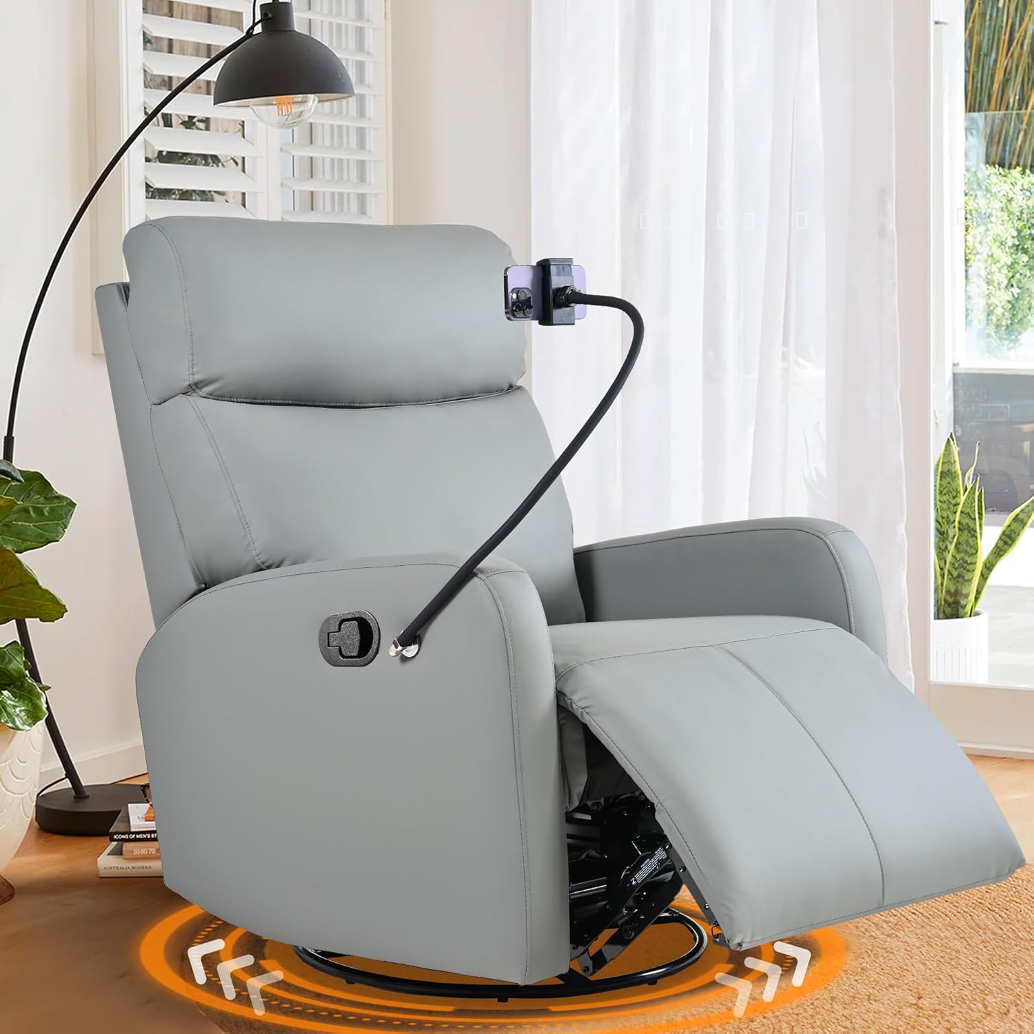 Swivel Rocker Recliner,Nursery Glider Recliner,Upholstered Swivel Rocking Recliner Chair with Phone Holder, PU Rocking Reclining Sofa for Living Room