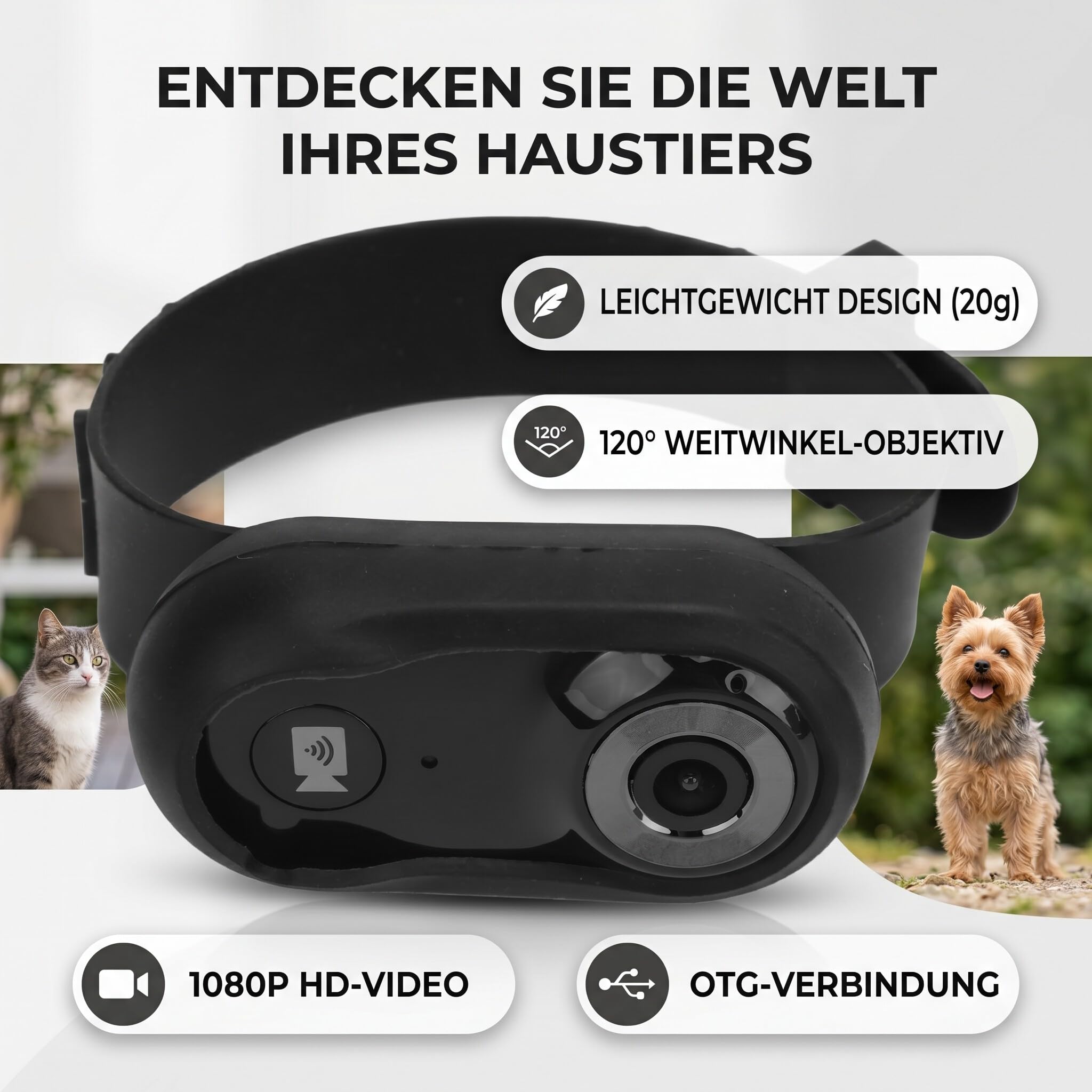 Cámara Corporal para Mascotas, HD 1080P, Tarjeta de Memoria 8G, Gran Angular 120°, Diseño Liviano 20g