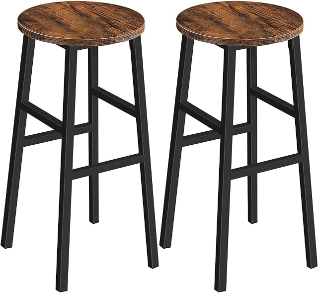 MAHANCRIS 71 cm Bar Stools, Set of 2 Round Bar Chairs with Footrest, Tall Counter Bar Stools, Kitchen Breakfast Bar Stools, Easy Assembly, for Dining Room, Kitchen, Rustic Brown BAHR02701
