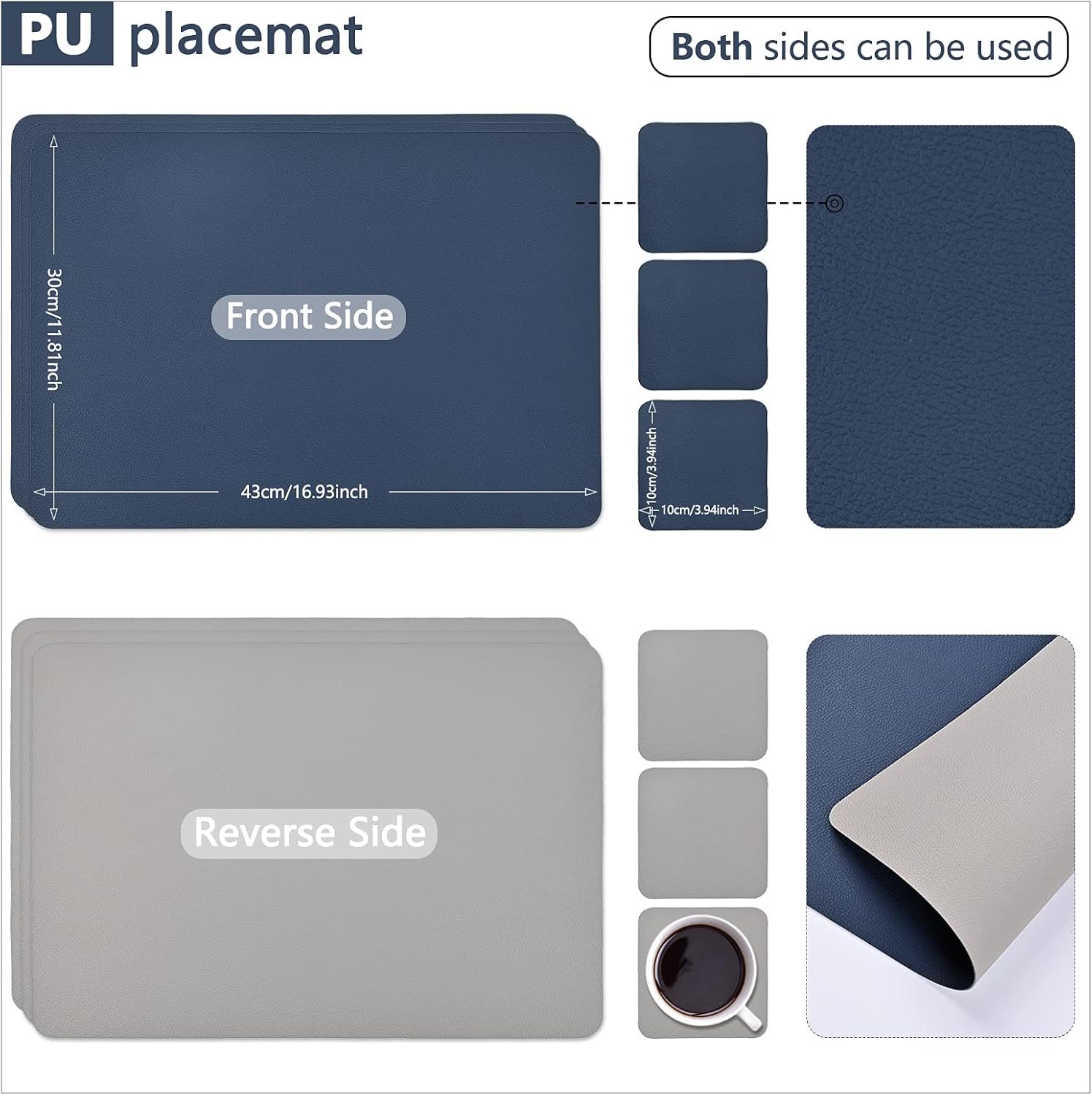 Leather Placemats and Coasters Set of 12,Faux Leather Place Mats Dual-Sided PU Placemats Heat-Resistant Non-Slip Waterproof Insulation Coffee Mats Kitchen Placemats Nordic Style Placemats (Blue,Gray) : Everything Else