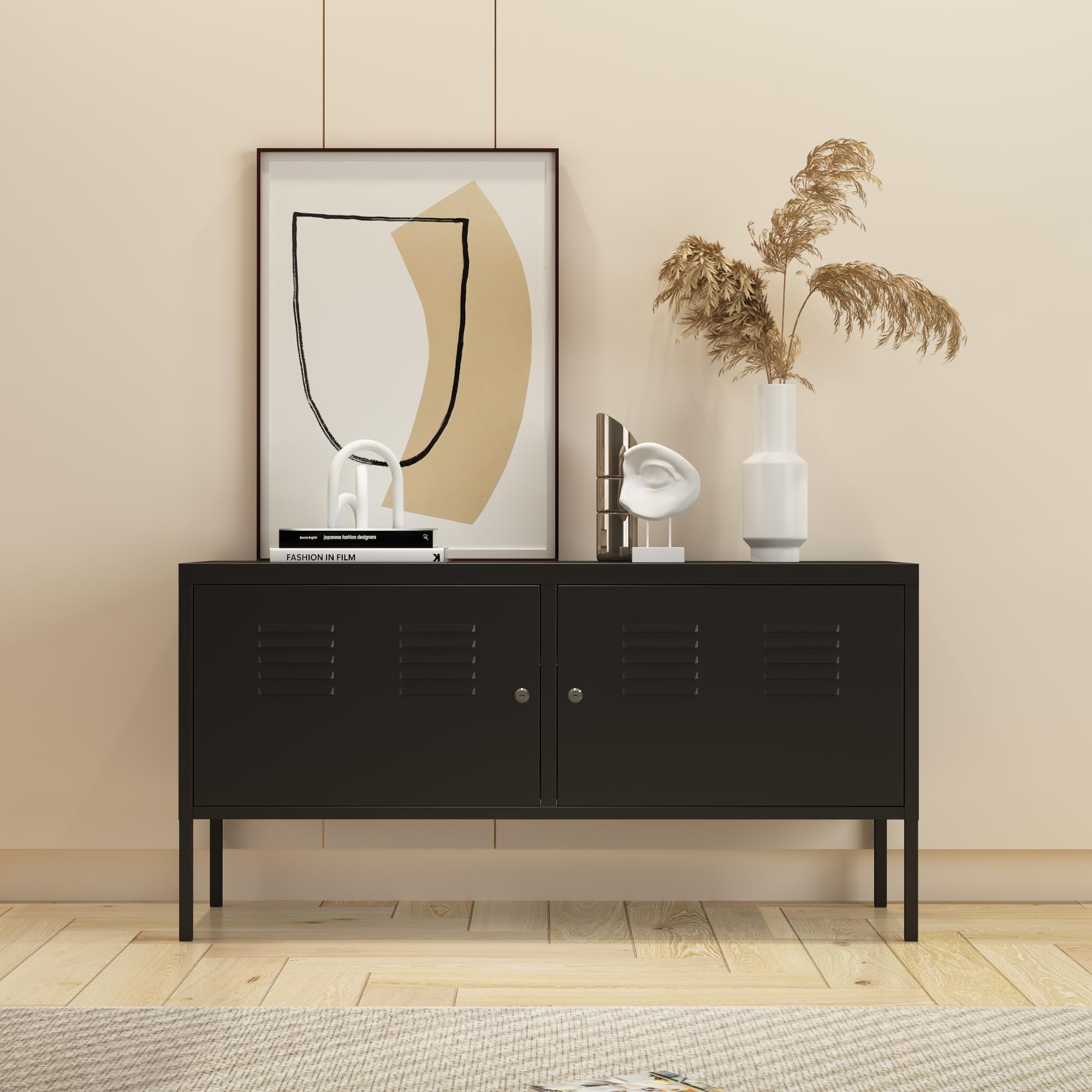 [en.casa] Armadietto in Acciaio Mobile Basso per Archivio con Scomparti Interni 2 Ante con Chiusura a Chiave Armadietto Multiuso per Ufficio Soggiorno 118 x 40 x 60 cm Nero