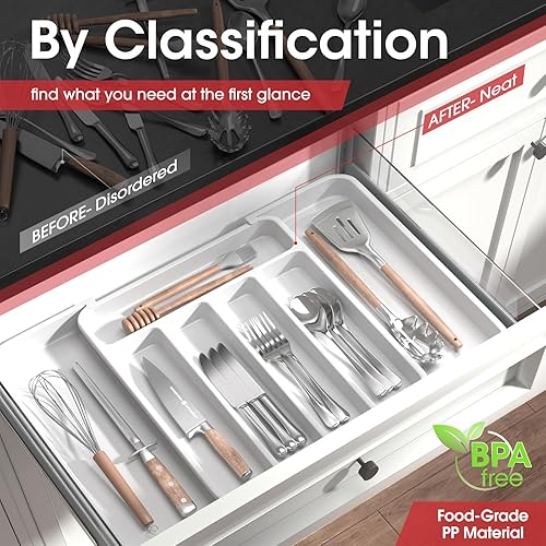 Vista 52 de Aujen Organizador de cubiertos – Organizador de cajones de cocina expandible, organizador de utensilios ajustable, bandeja de cubiertos para Negro