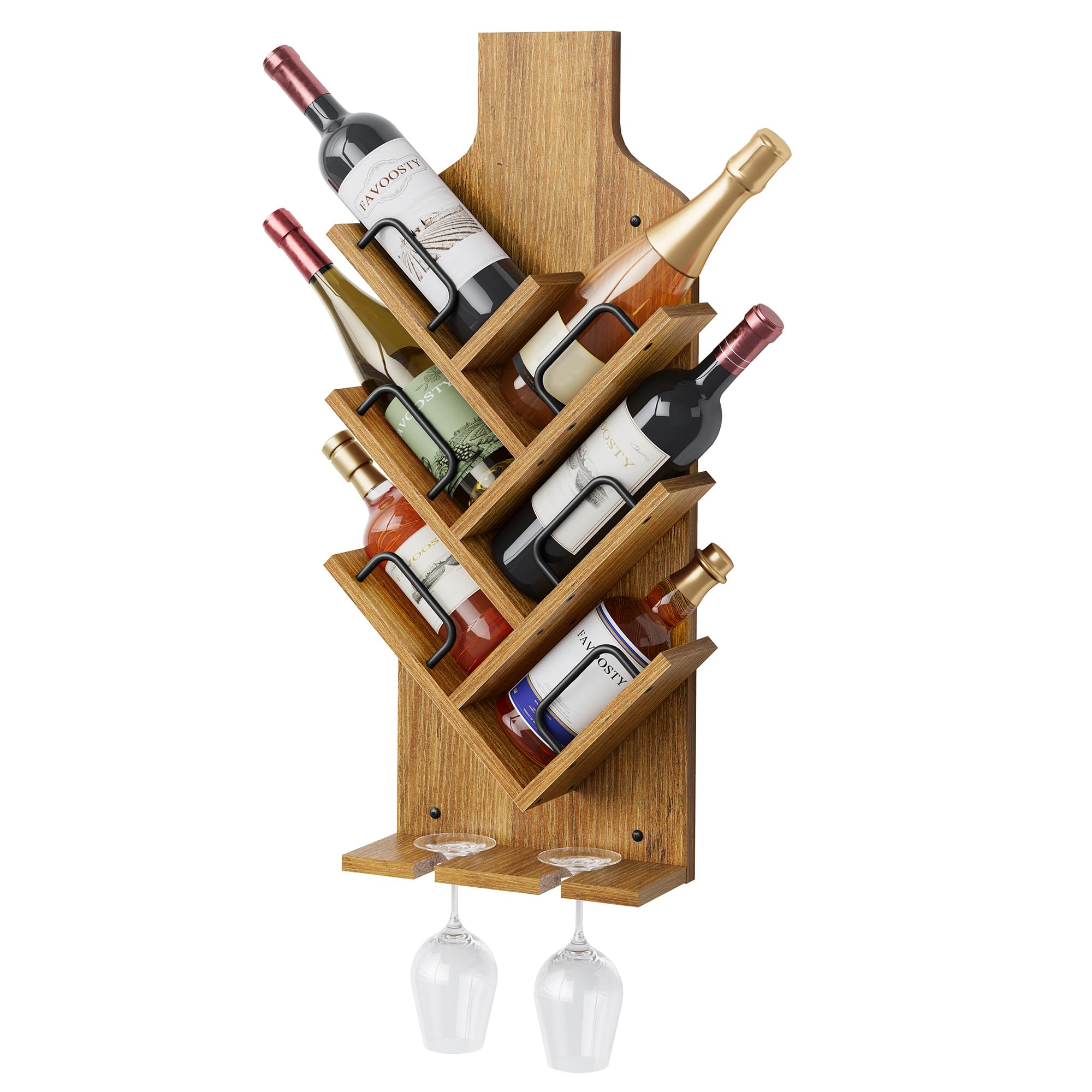 FAVOOSTY Wall Mountes Wine Rack for 6 Bottles, Wooden Wine Bottle Rack, Glass Holder Display Shelf for Kitchen Bar Dining Room Living Room, Light Brown