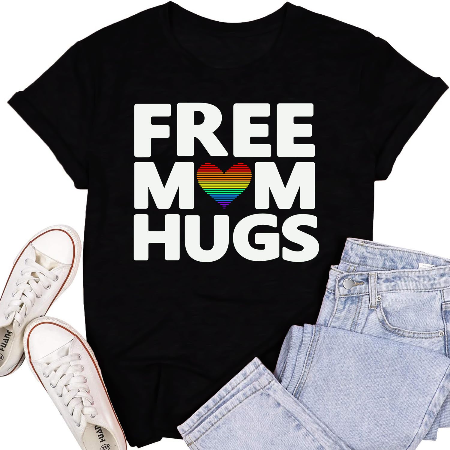 SUWATOIN Womens LGBTQ Pride Shirts Free Mom Hugs Ally T-Shirt Rainbow Gay Less Pride Short Sleeve