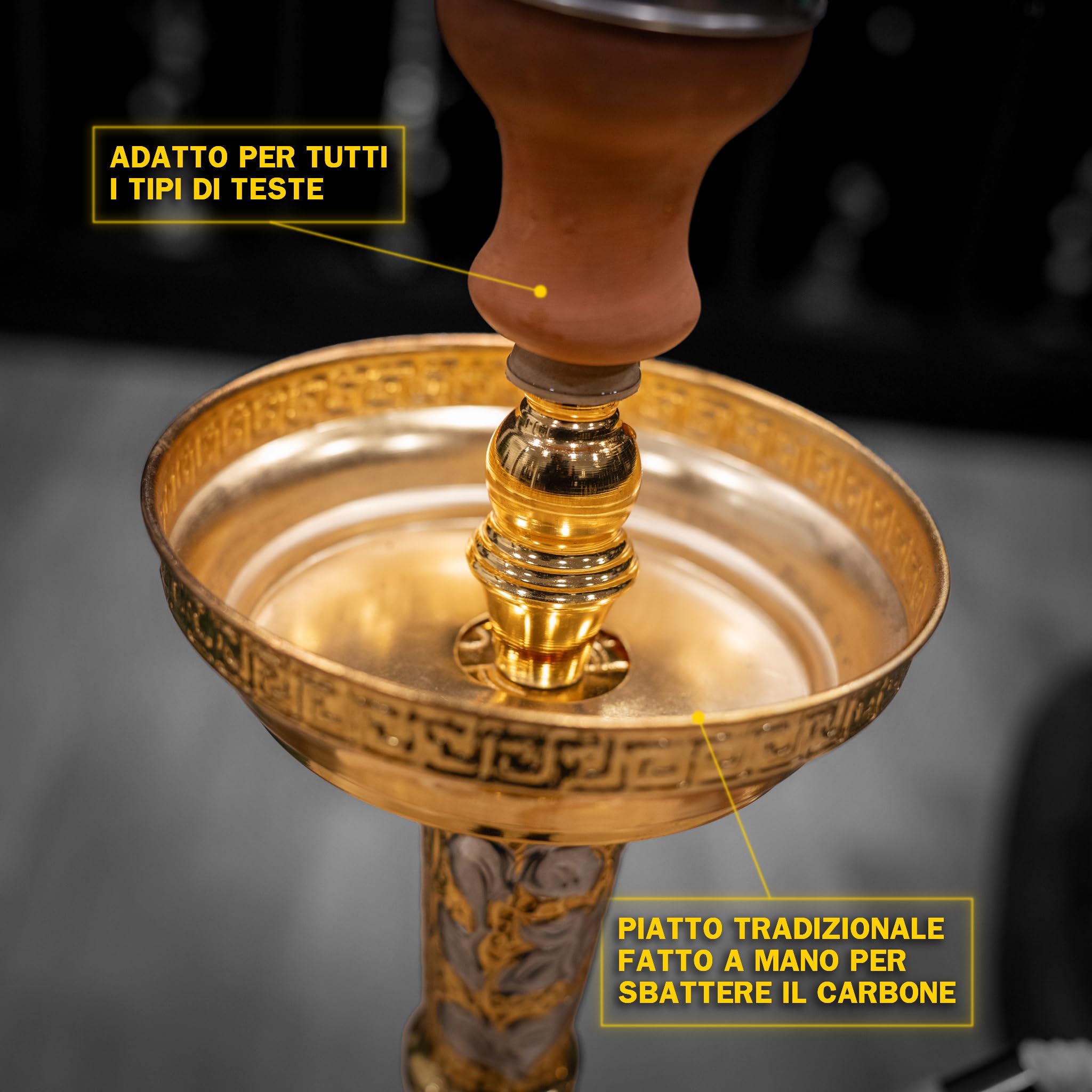 Cachimba Tradicional Al Zahra 60 cm | Latón Brillante, Cazoleta de Arcilla, 1 kg Carbón Cocobration 27mm, Porta Carbón, 50 Boquillas Higiénicas y Accesorios Completos para Shisha y Hookah