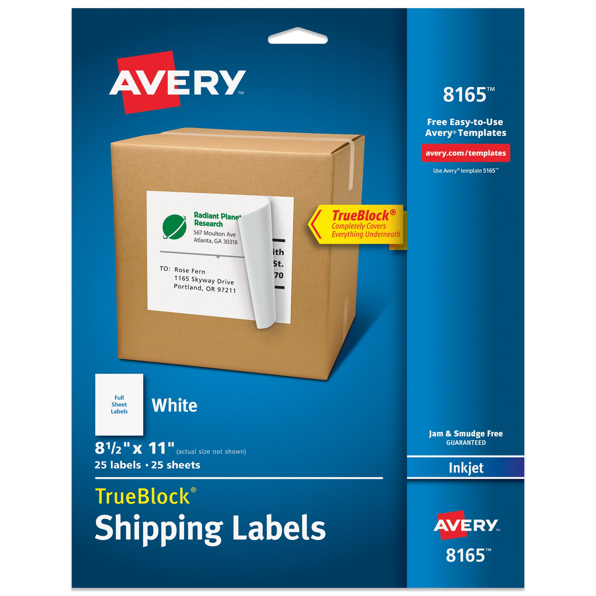 Avery White Full-Sheet Labels for Inkjet Printers with TrueBlock Technology, 8 1/2 Inch x 11 Inch, Pack of 25 (8165)