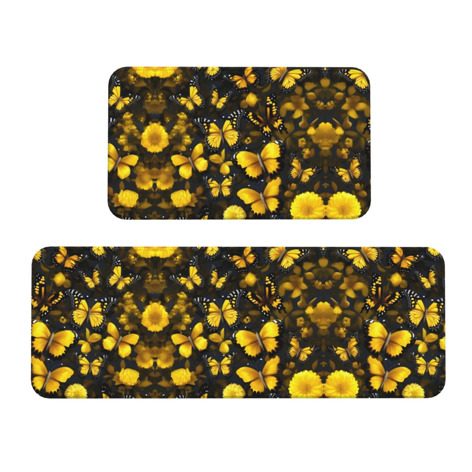 Tapis de cuisine confort jaune imprimé fleurs papillons lot de 2 lavable