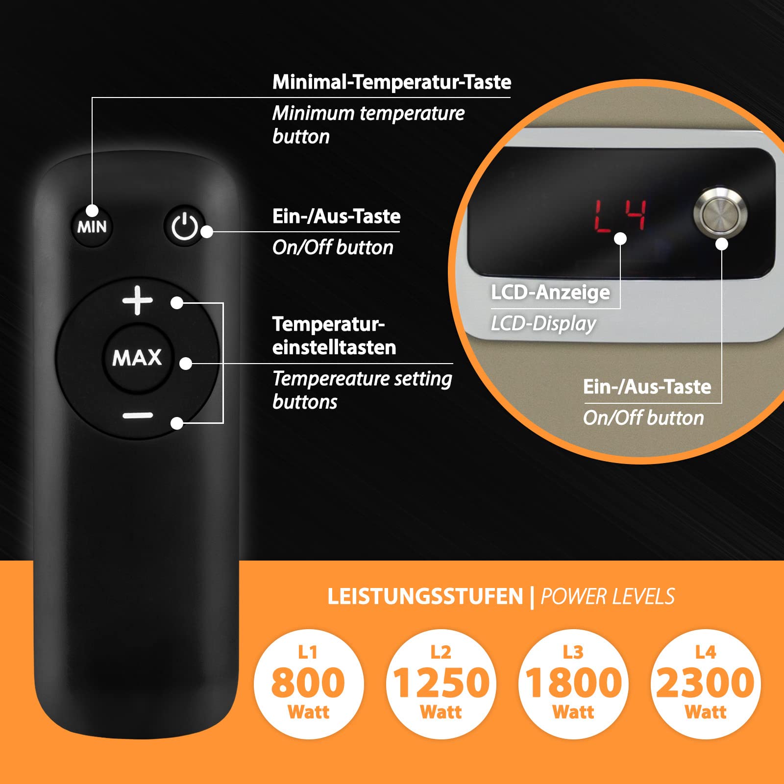 Mi-Heat SIH-2300R stojący promiennik podczerwieni ogrzewacz tarasowy, 2300 W, 4 stopnie grzania, pilot zdalnego sterowania, w pełni metalowa obudowa, IP65 Outdoor