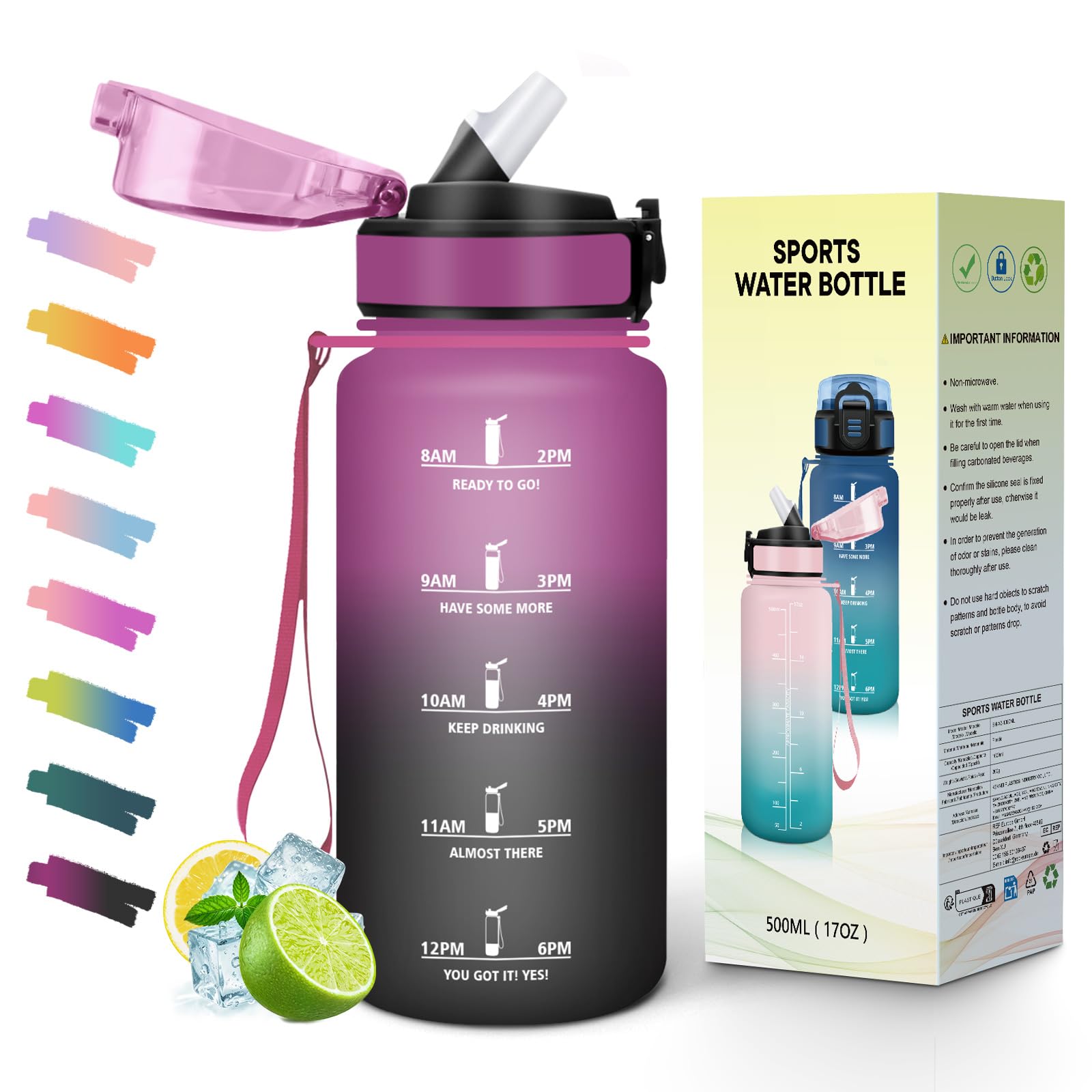 500ML BPA Free Water Bottle with Straw Time Scale Motivational Wide Mouth Leakproof Lid for School Office Gym