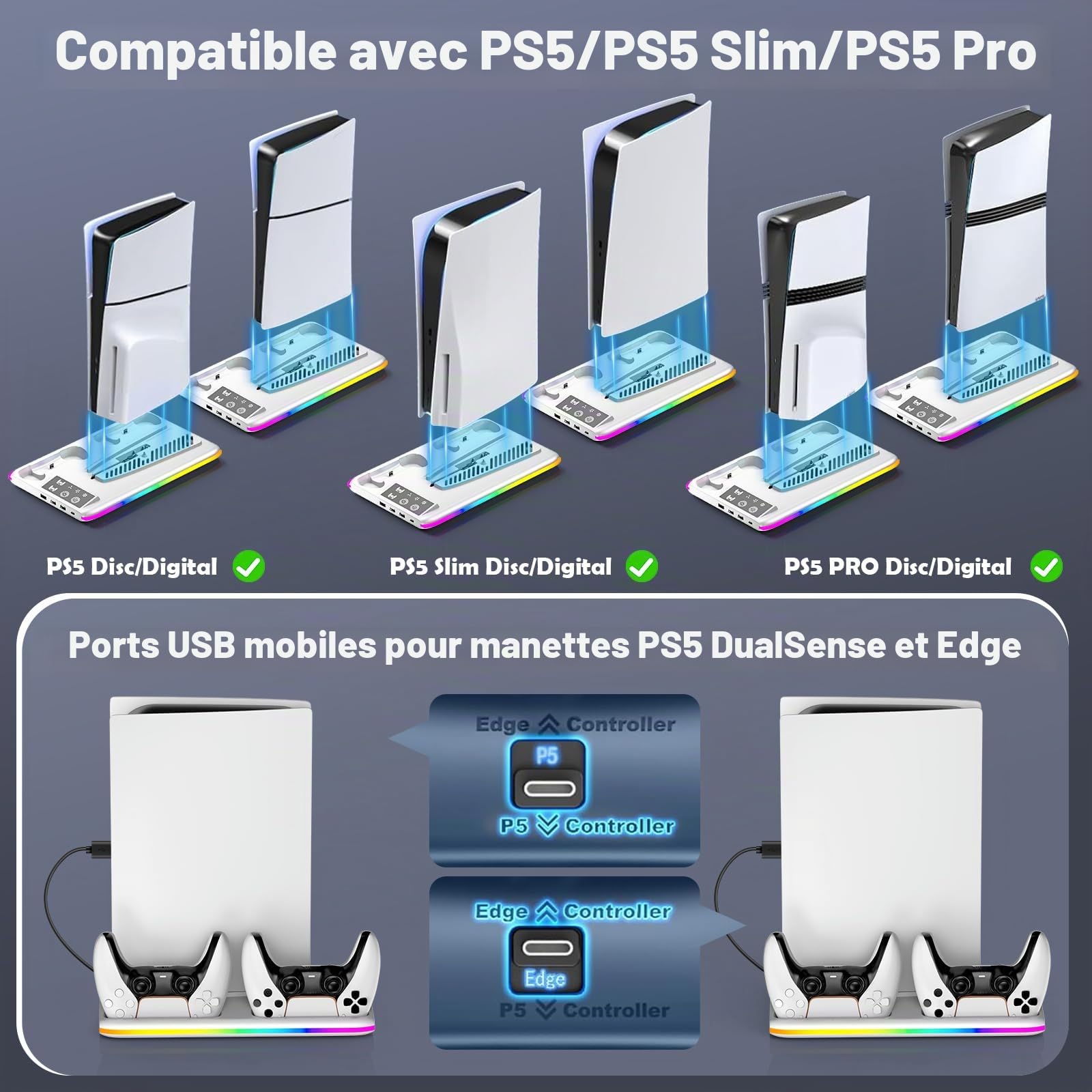 Support PS5 Standard/Slim/Pro, Support PS5 avec Ventilateur de Refroidissement à 3 Vitesses, Station de Refroidissement Vertical PS5 avec RGB, Support de PS5, Accessoires PS5/Slim/Pro