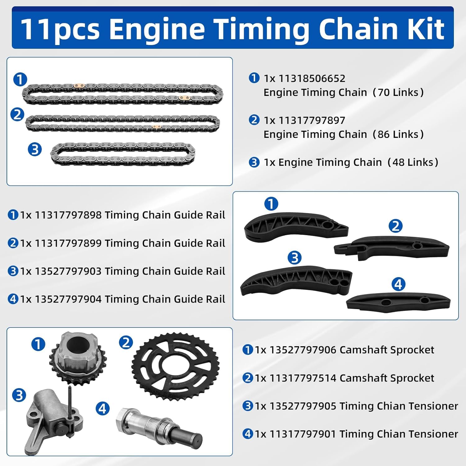 11317797898 Chaîne de synchronisation SET COMPATIBLE AVEC 3 E90 / TOURNIE E91, 4 COUPE F32 F82, 4 CABRIO F33 F83, 5 F10 F18, numéro de pièce 11317797899 13527979000 3 13. 13. 13. 13. 13131 31851851 85