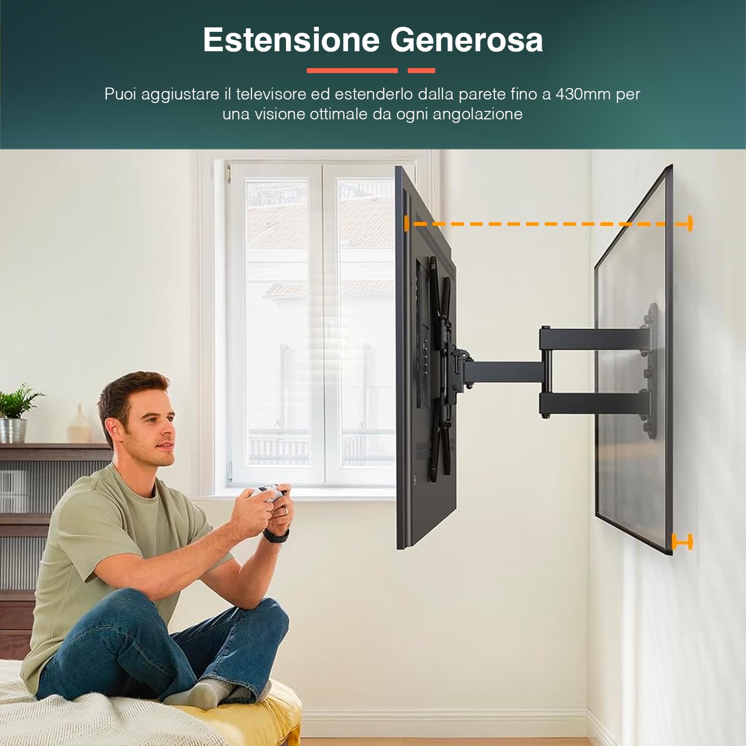 Supporto TV Full Motion per Televisori da 26''-55'' - Allungabile, Staffa TV da Parete Girevole e Inclinabile, Carico Max 35kg, Inclusi Livella, Viti e Tasselli, Nero
