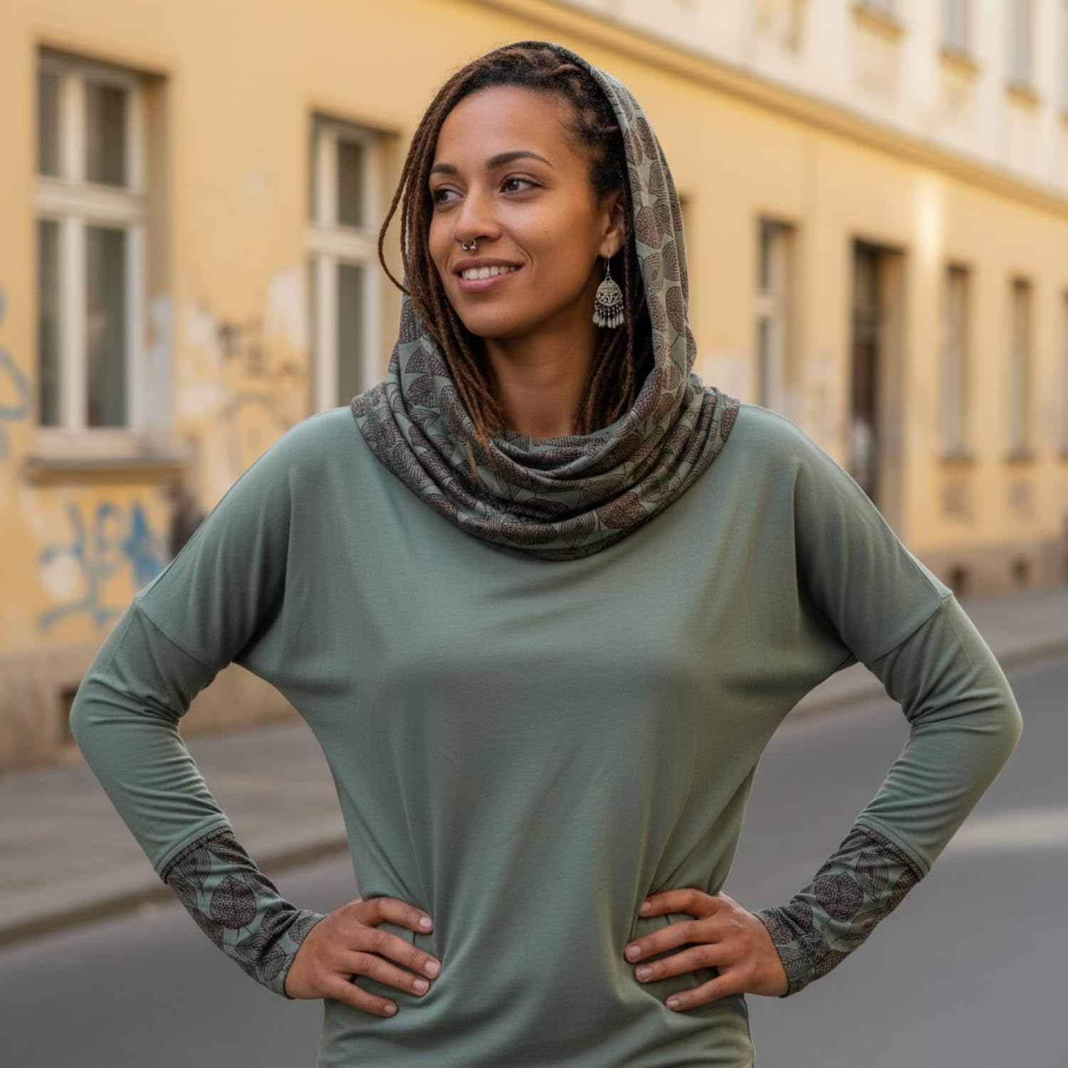 GURU SHOP Lockeres Longshirt aus Bio-Baumwolle, Schalkapuze, Caramel