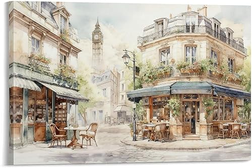 Arte De Pared Enmarcado Con Vista De Calle, Impresión En Lienzo De Cafetería Europea, Pintura De Escena De La Ciudad De París, Ilustraciones Vintage