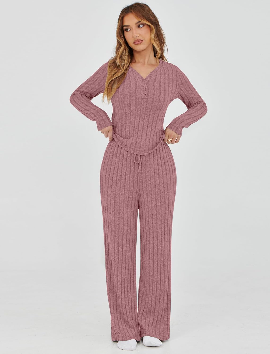 Womens Pajama Sets 2 Piece Lounge Pajamas Sets Casual Ribbed Knit Long Sleeve Matching Set - Image 4