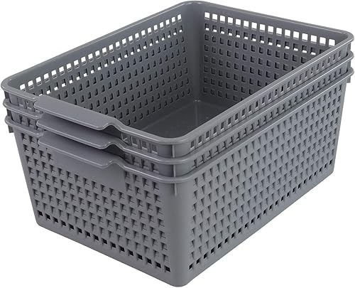 Miniatura 5 de Farmoon Cesta de plástico de tejido gris, organizador de cestas de almacenamiento de plástico, 3 paquetes