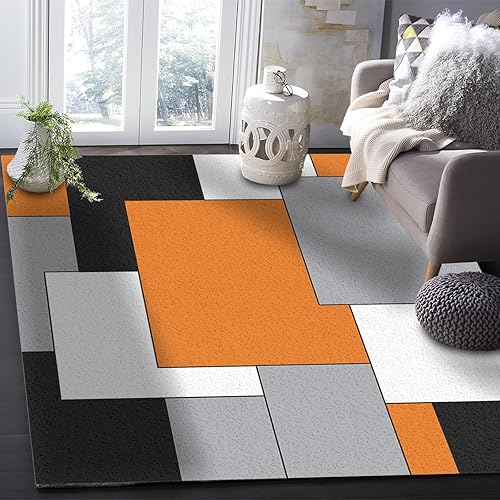 Miniatura 6 de Alfombras geométricas de color naranja y negro, alfombra rectangular antideslizante para interiores, 2.7 x 5 pies, bloque de color abstracto,