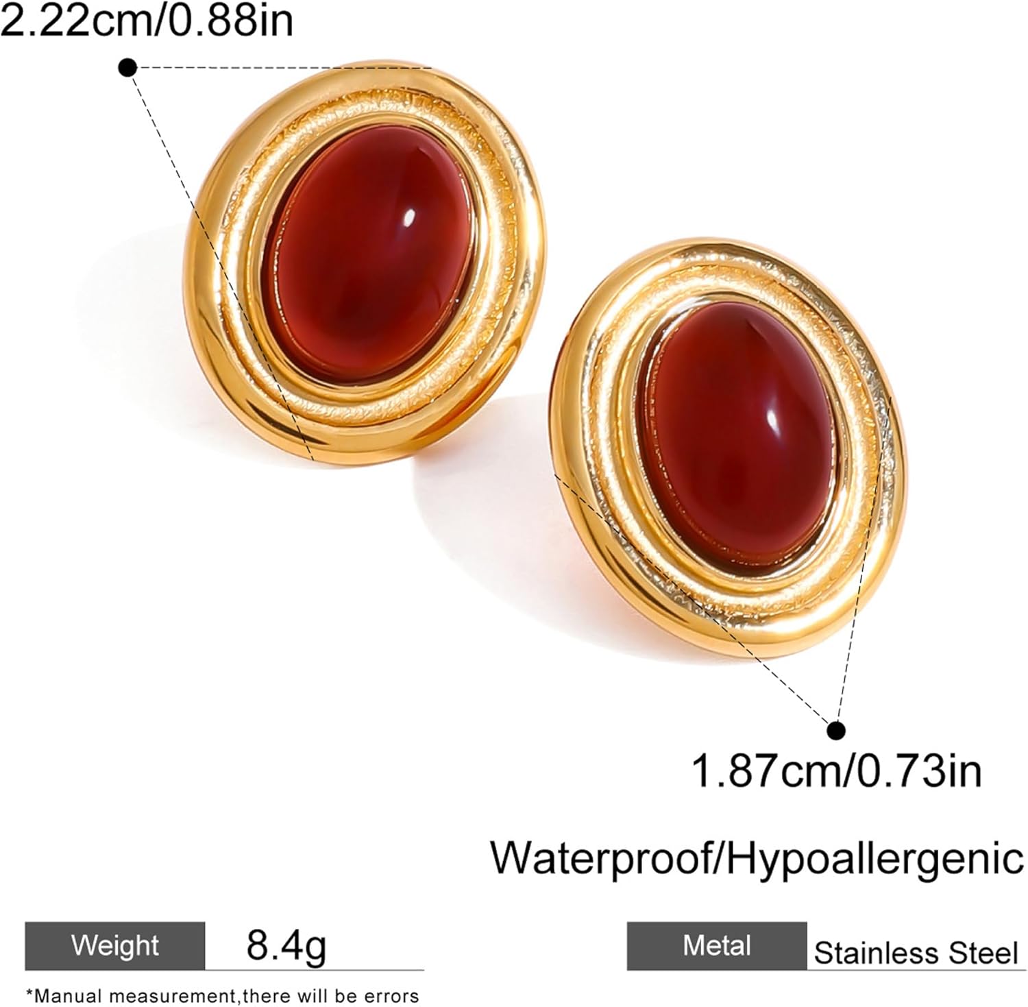 Big Chunky Gold Stud Earrings Red Vintage Statement Earrings Unique Oval Studs Christmas Jewelry - Image 7