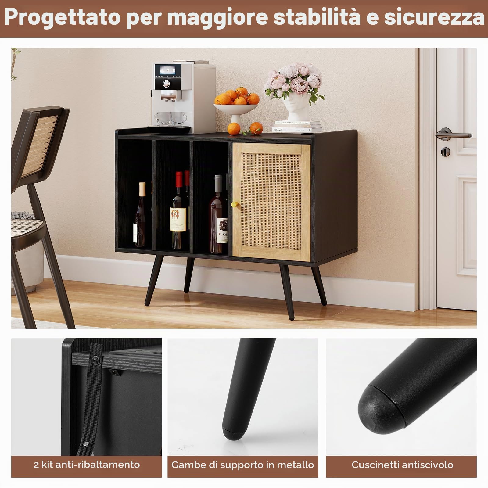 KOMFOTTEU Supporto per Giradischi con Stazione di Ricarica, Mobile Vinili con 3 Ripiani Aperti e Porta in Rattan, Espositore per Dischi con Ripiano Regolabile per Soggiorno, Studio (Nero)