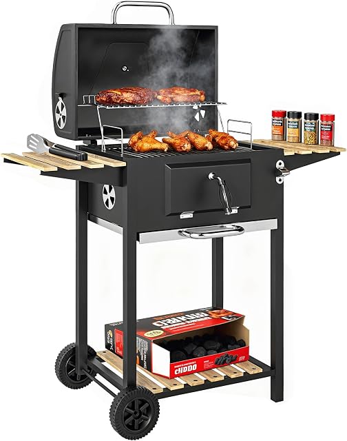 Gril à charbon d'extérieur Outsunny, barbecue portable avec bac à charbon réglable, grande surface de cuisson, 3 étagères, thermomètre, roues pour fête en patio, cour