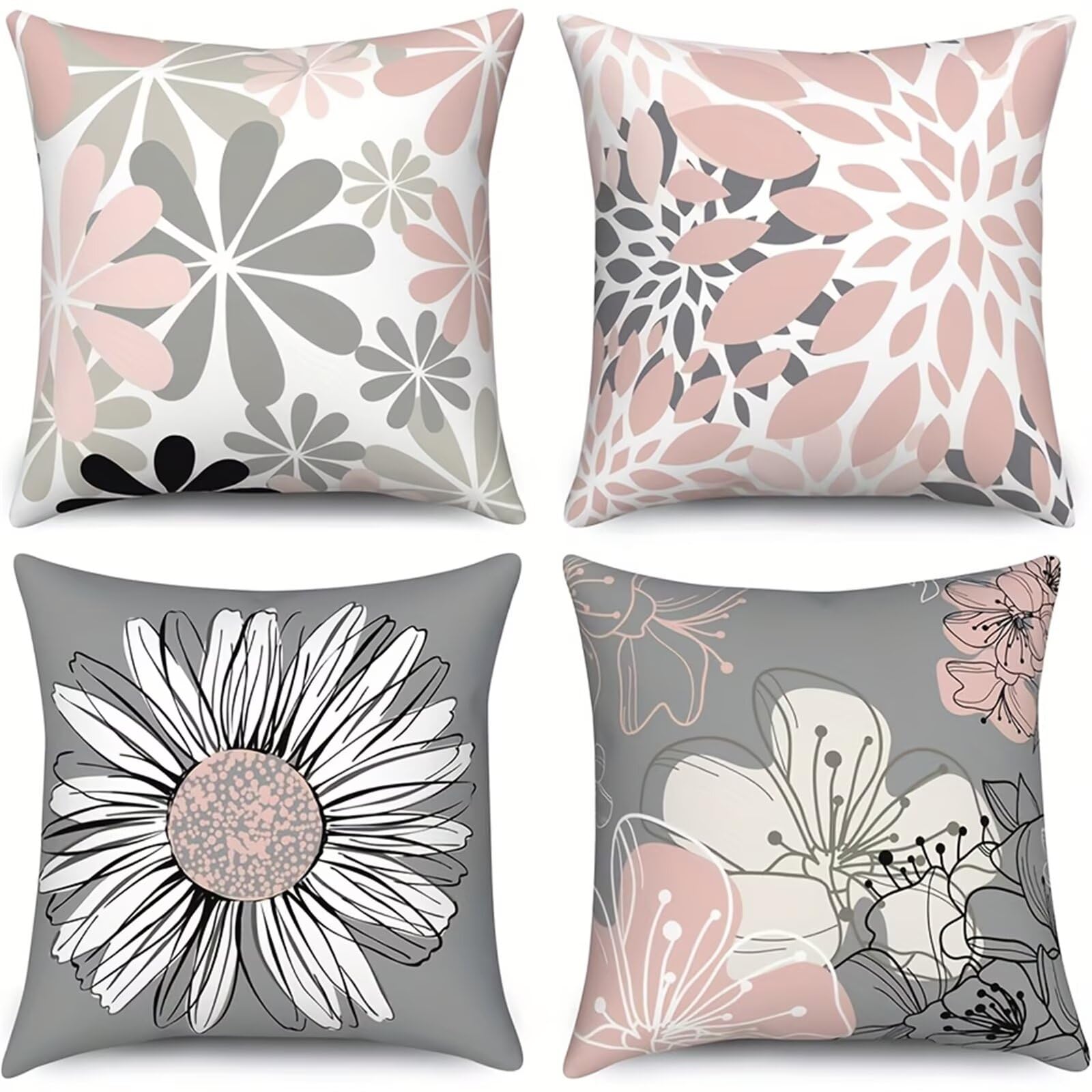Housses de coussin 55x55 cm en lin avec marguerites roses et grises pour salon (lot de 4)