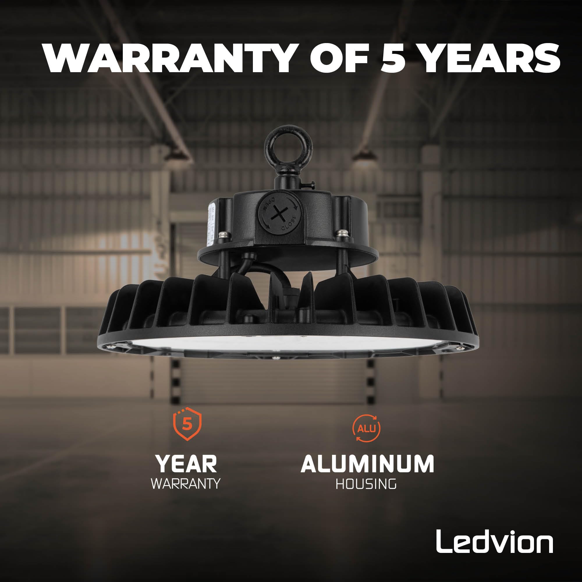Ledvion LED Hallenstrahler 200-160-120W 175lm/W 4000K Dimmbar IP65 | 175 lm/W, dimmbar in 3 Stufen, IP65, 5 Jahre Garantie