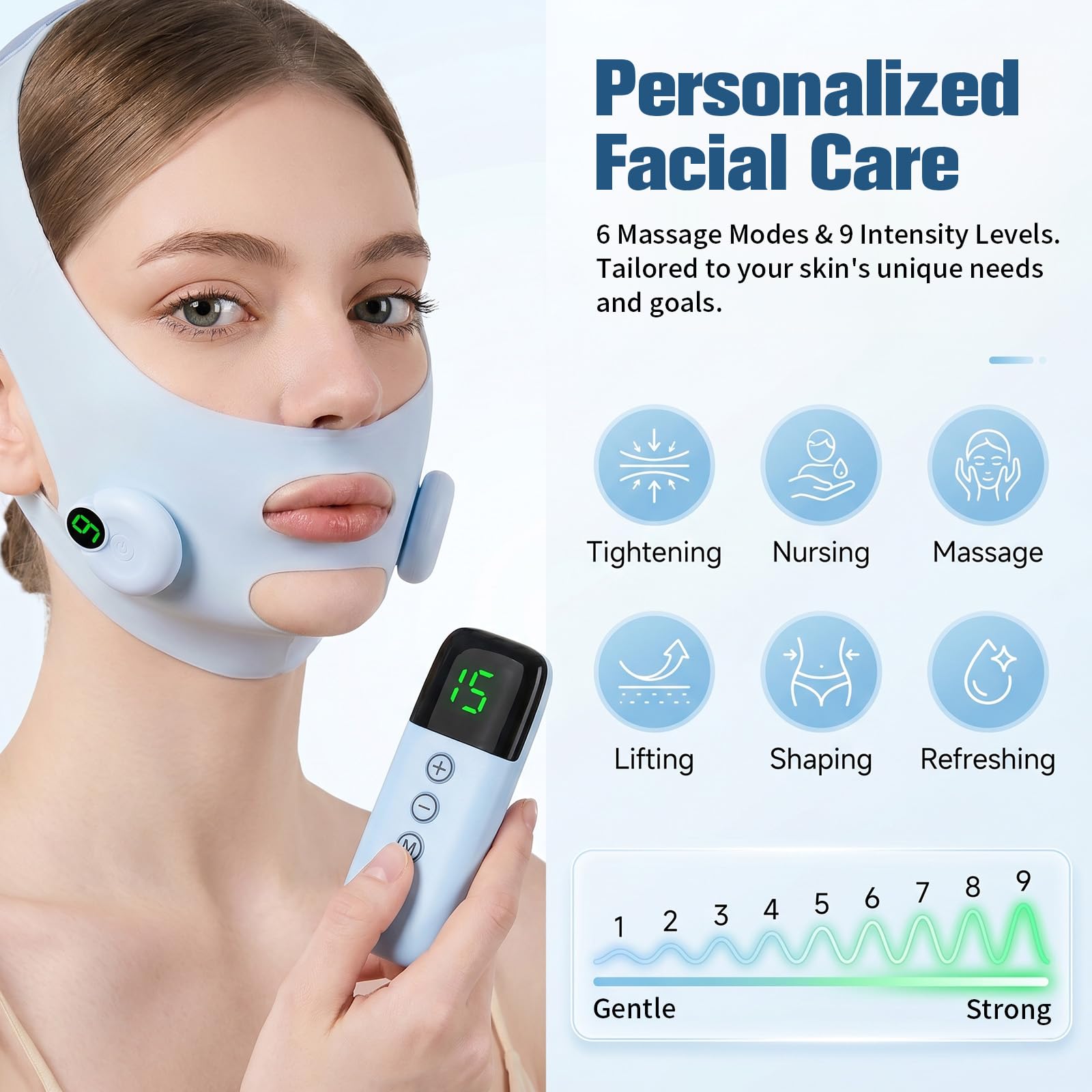 Mikrostrom V-Form Gesichtsstraffer-Pads, USB-aufladbare Gesichts-Liftband für ein konturiertes Gesicht, Doppelkinn-Reduzierer, verstellbare Hebemaske mit 6 Modi und 9 Intensitätsstufen für zu Hause