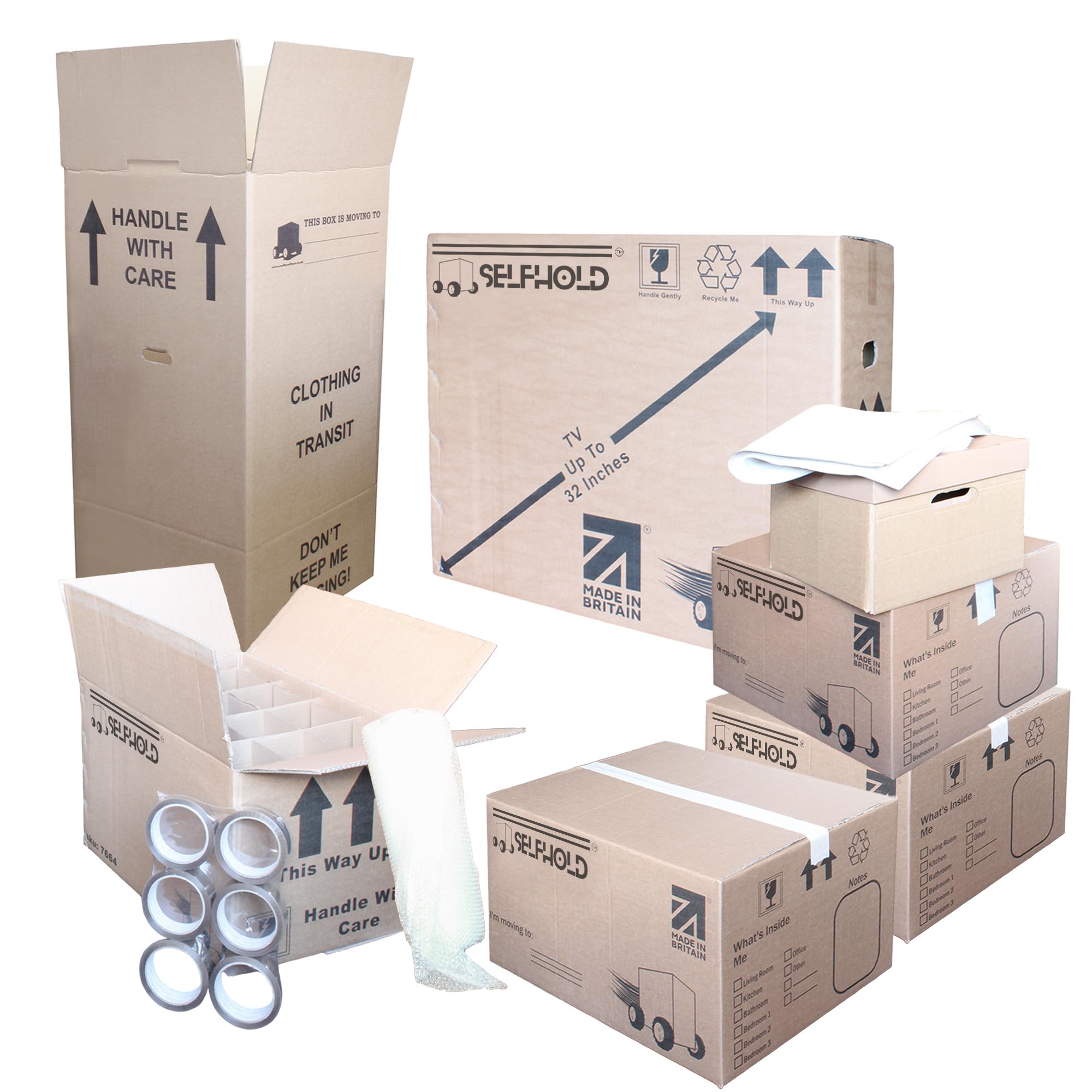 SelfHold Student Home Moving Kit, 10x Moving Boxes, 1x Tape - Strong House Removal Boxes Kit For University Students *Made in Britain*