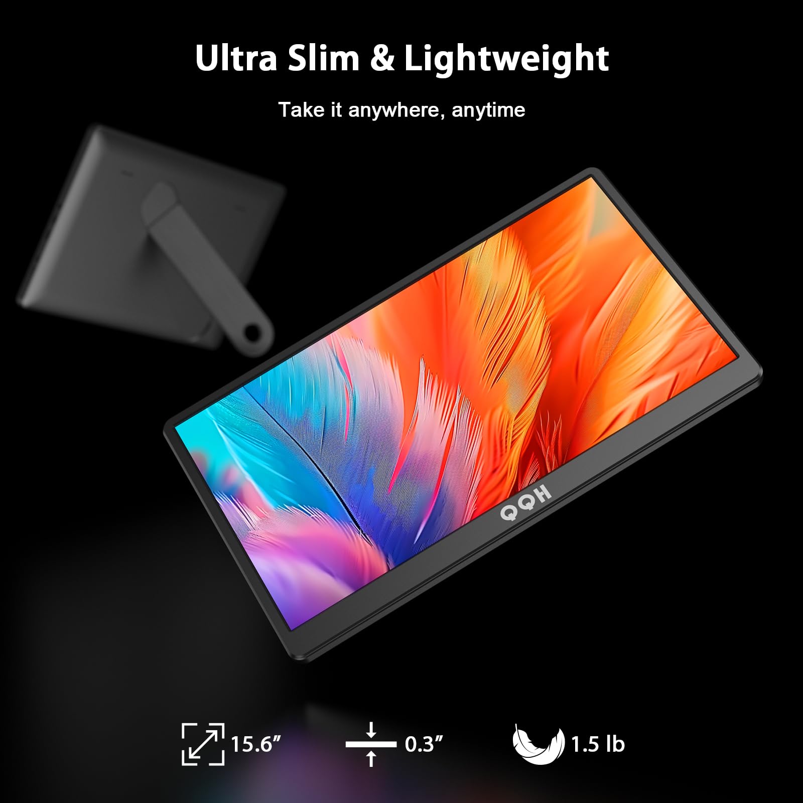 QQH Portable Monitor, 15.6" FHD 1080P IPS Travel Monitor Kickstand for Laptop with HDR, Ultra Slim, Eye Care, Plug&Play USB C HDMI External Second Screen for PC Phone MAC PS5 Xbox Switch