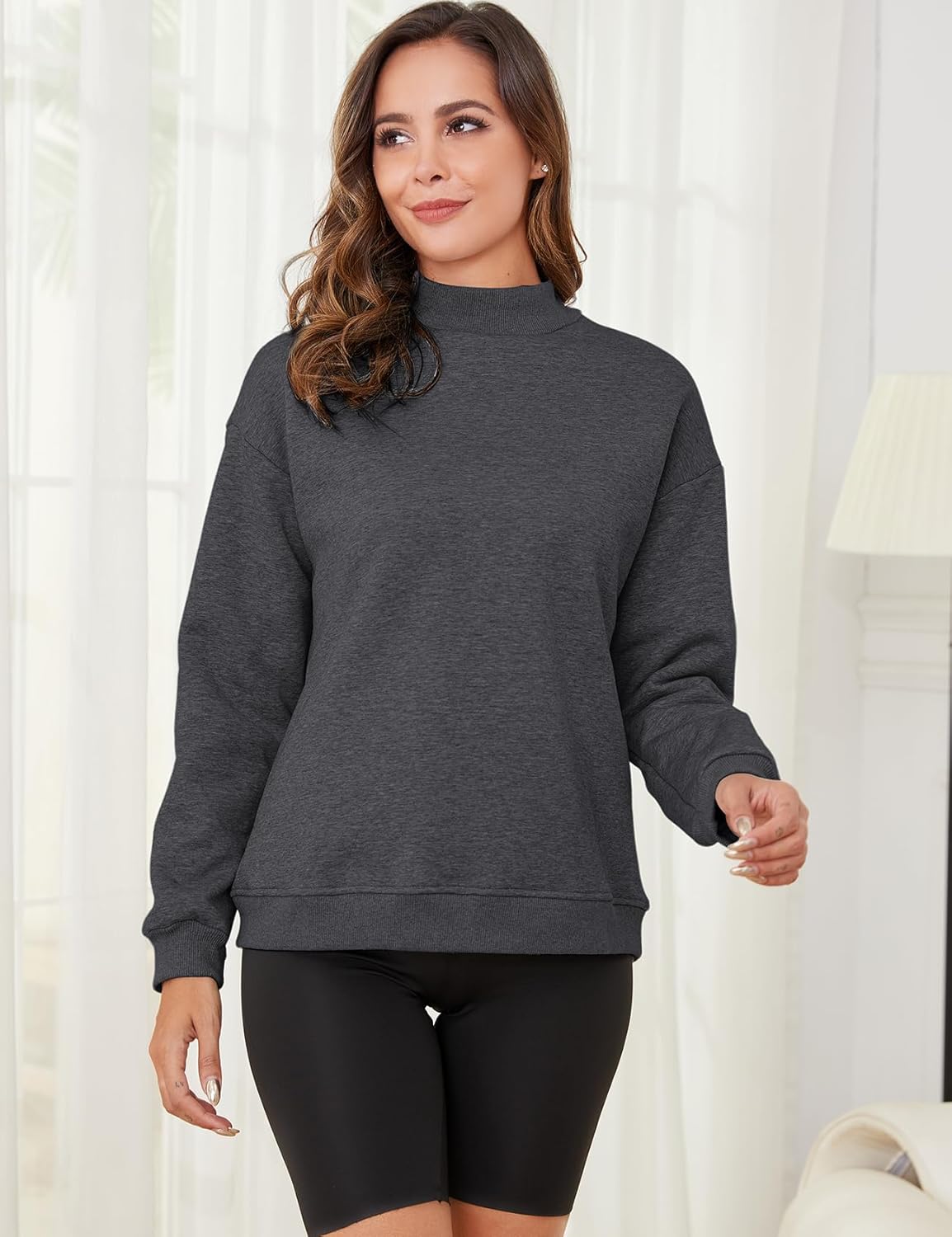 Gihuo Women's Mockneck Sweatshirt Winter Warm Fleece Sherpa Lined Pullover Tops - Image 5