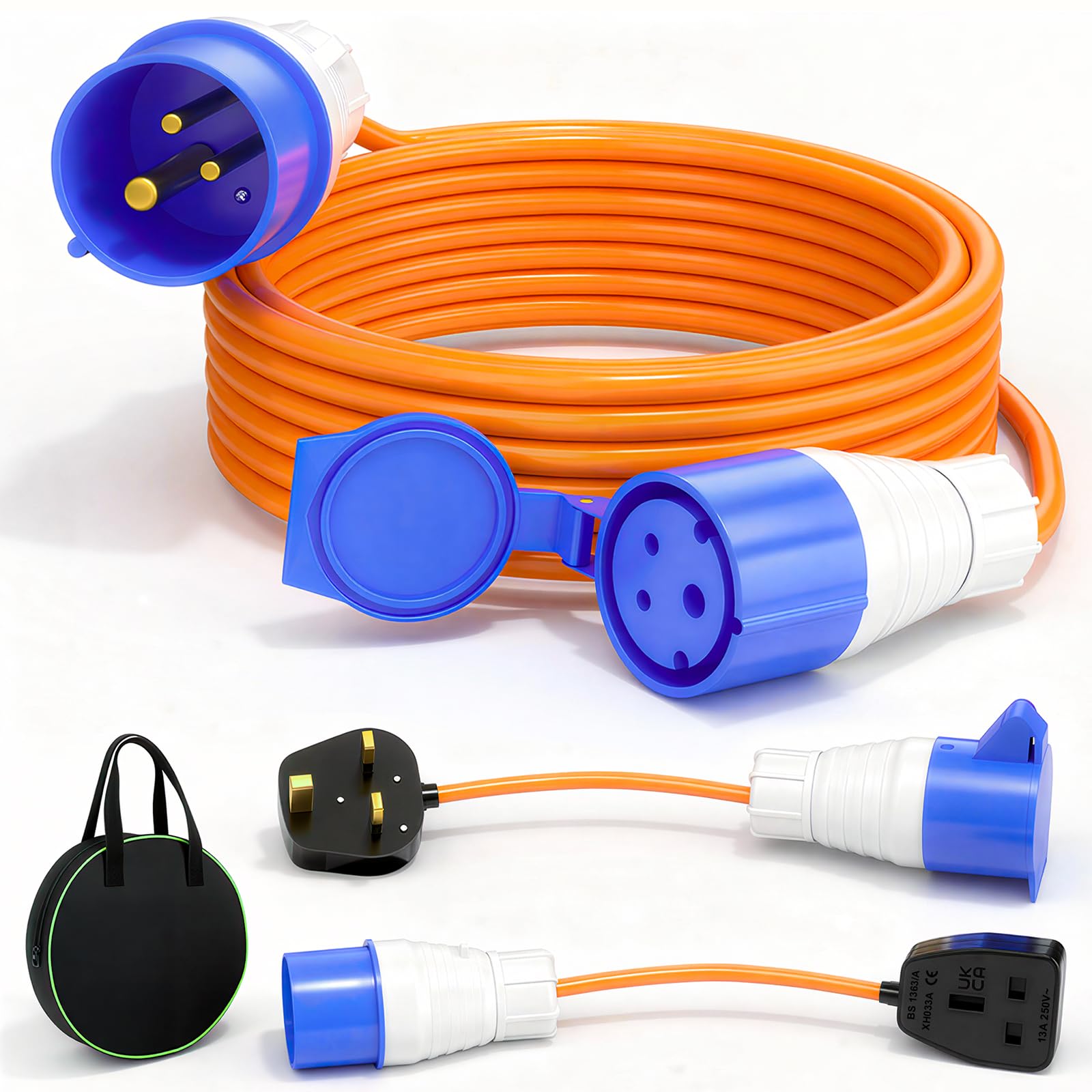 FTJKGH Camping Caravan Hook Up Cable 10m - IP44 Waterproof 16A Caravan Electric Hook Up Cable Extension Lead with Caravan Electric Adapter and Carry Bag, Idea Motorhomes Accessories UK