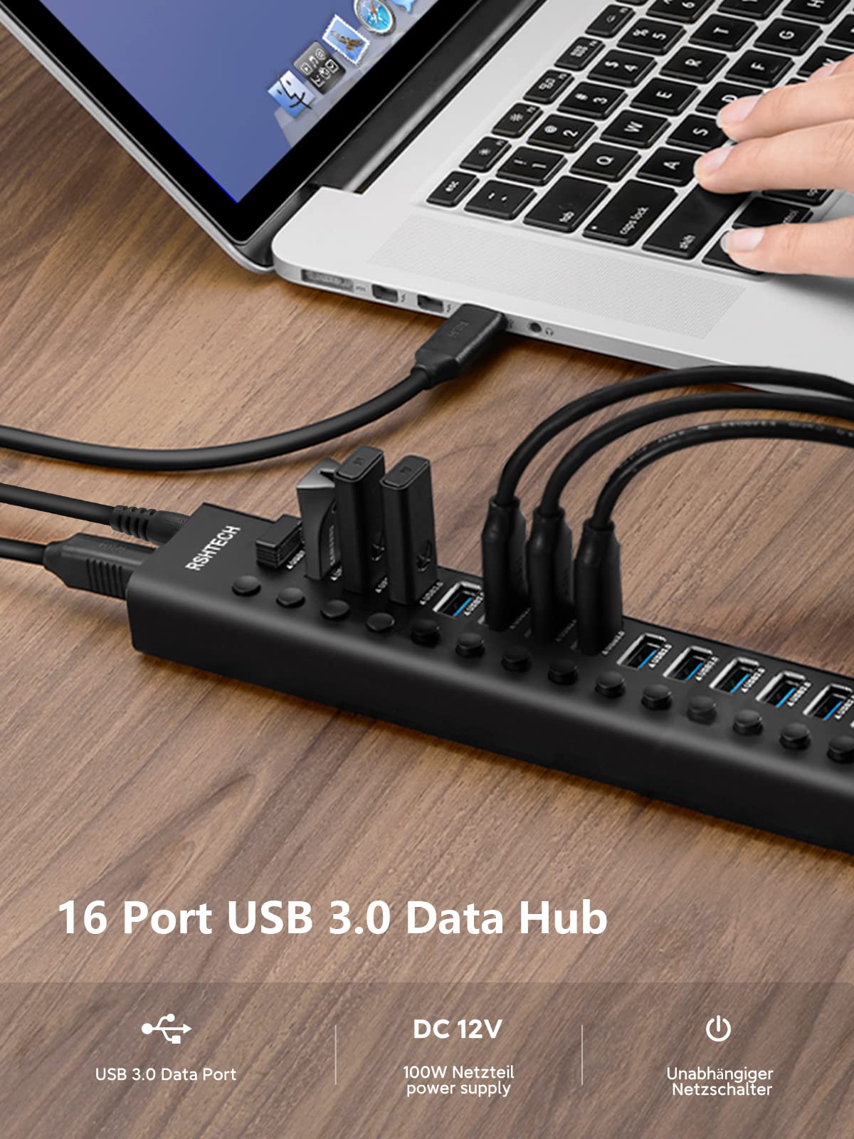 RSHTECH Aluminium16 Port USB Hub Aktiv 3.0 mit 100W Netzteil, RSH-A16 | USB 3.0 Hub mit Schalter - für PC, Mobile HDD, Flash-Laufwerk, Professionelle Business Grade - Stabile Datenübertragung