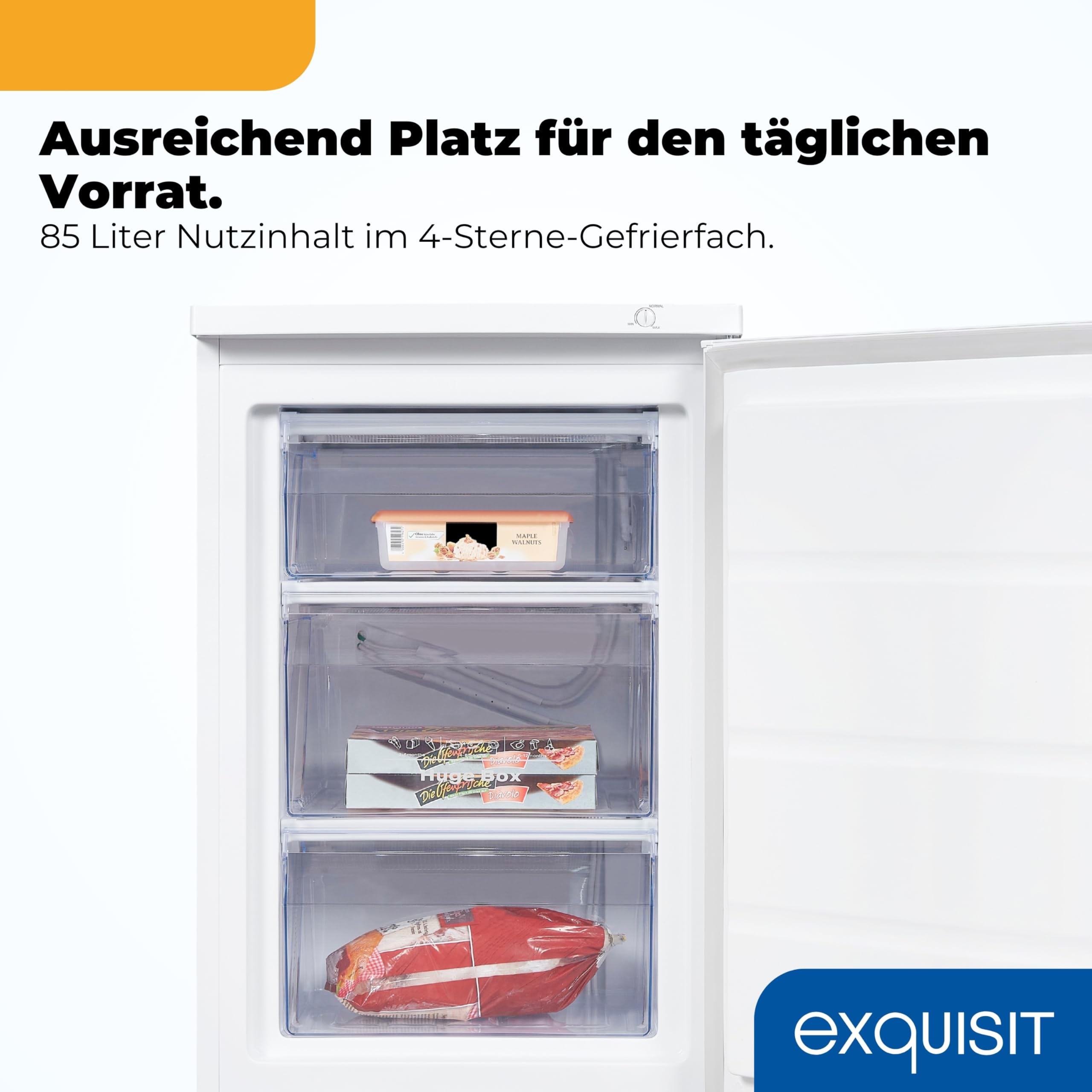 Exquisit Gefrierschrank 85 l - Mini-Tiefkühlschrank Weiss mit 3 Schubladen | 4-Sterne-Gefriergerät mit 131 kWh/Jahr, Energieklasse D, 40 dB Betriebsgeräusch und wechselbarem Türanschlag für Haushalt