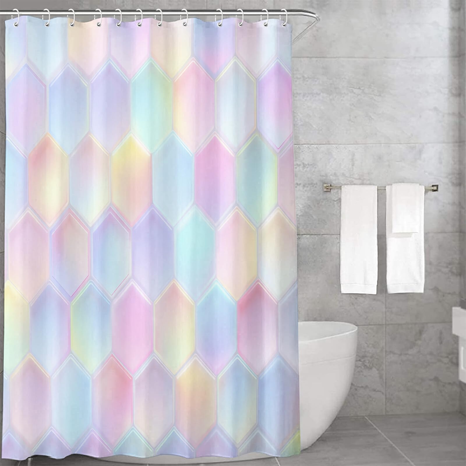 Rideau Douche, Rideau Baignoire Lavable en Machine Rideaux Douche Tissus Lavable Rideau De Baignoire Lavable pour Salle De Bain Domicile Baignoire Famille, Hexagones Colorés,