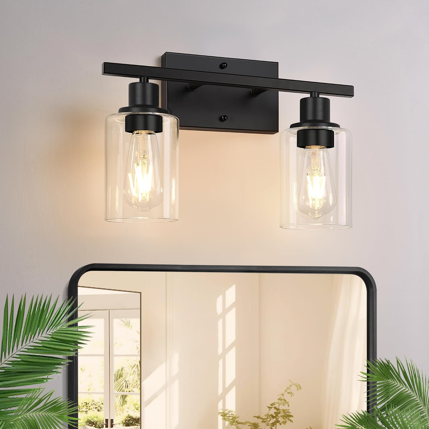 Indoi 2-Light Bathroom Light Fixtures, Matte Black Modern Vanity Lights with Clear Glass Shades, Bathroom Wall Lamp for Mirror Living Room Cabinet Bedroom Porch