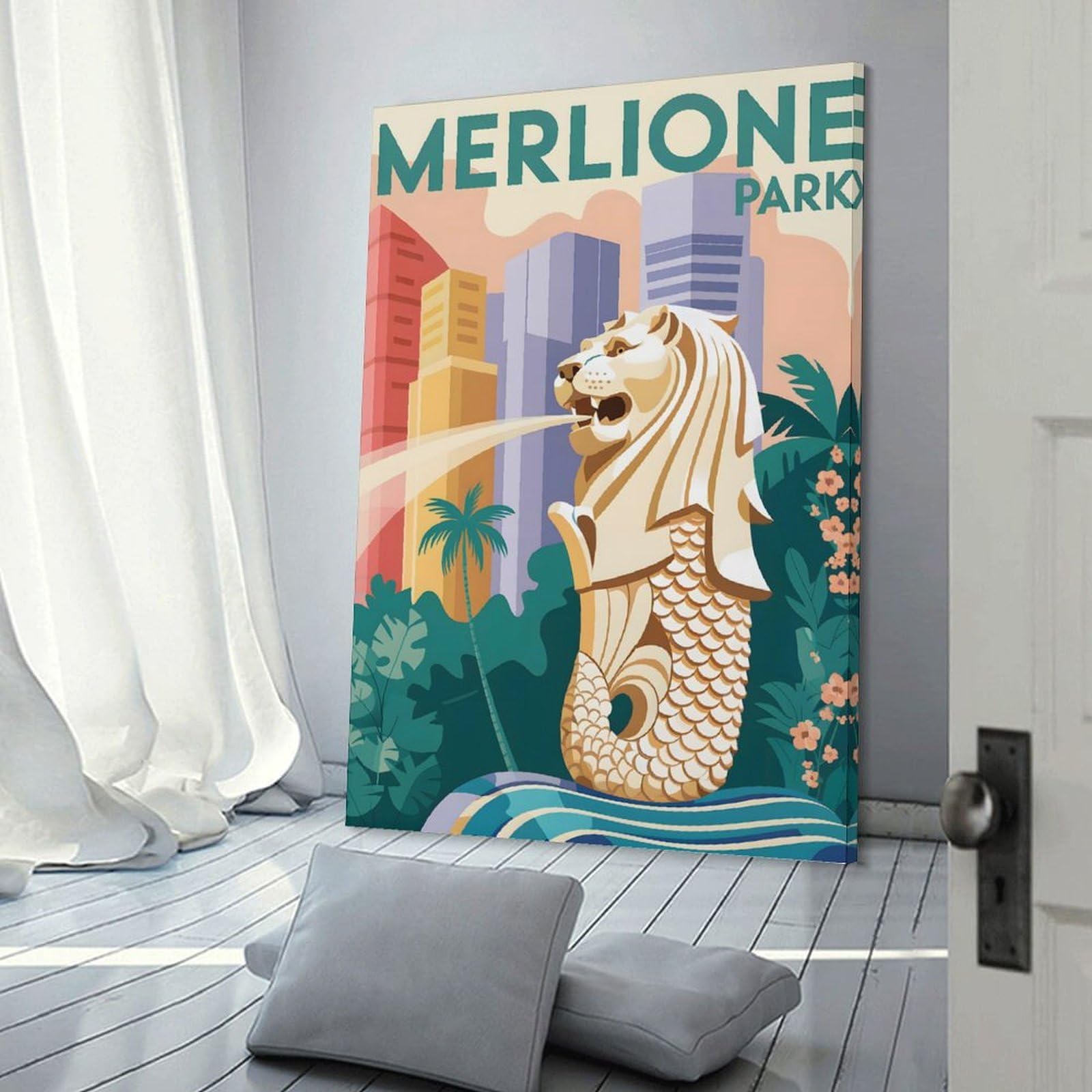 Junmoney Decorative Canvas Print Merlione Park Singapore Travel, 20x30inch(50x75cm), for Office, Study Or Home Workspace, Decorative Artwork for Productive Spaces