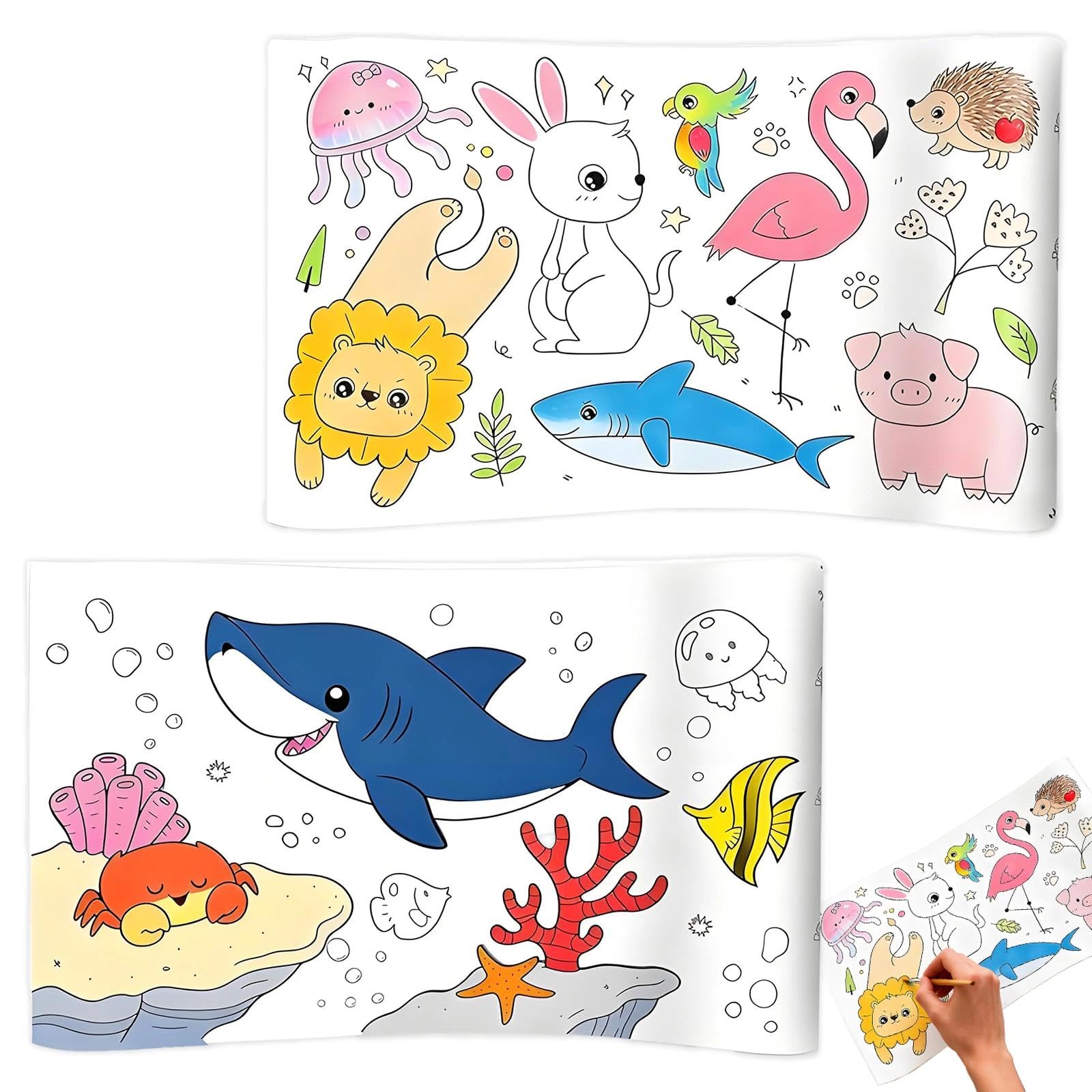 2Pcs Giant Coloring Paper Roll, 300 x 30 cm DIY Colouring Papers, Animal World and Ocean World Patterns with Adhesive Backing, Coloured Drawing Papers for Interactive Drawing, Painting and Coloring