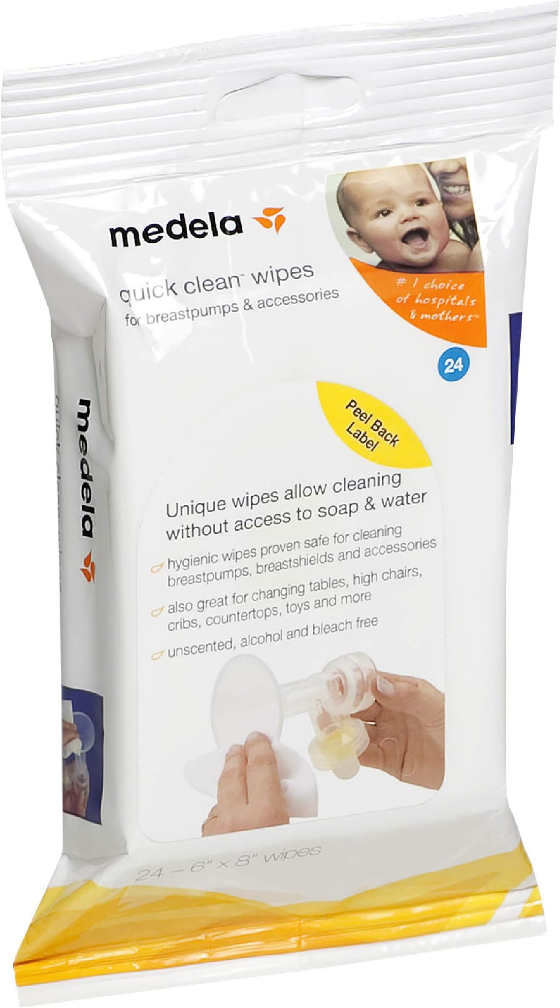 Quick Clean Breast Pump and Accessory Wipes, 24 Count Resealable Pack, Convenient and Hygienic On the Go Cleaning for Tables, Countertops, Chairs, and More
