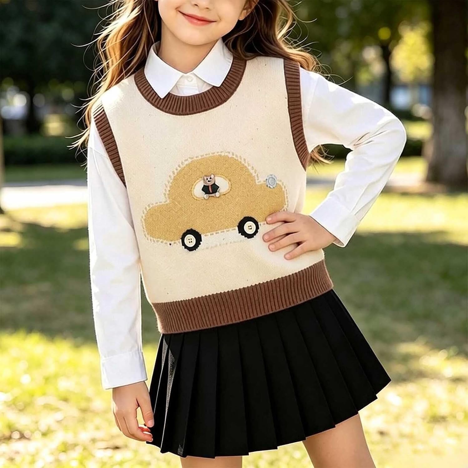 Oplxuo Girls Car Graphic Knit Sweater Vest Sleeveless Crew Neck Pullover