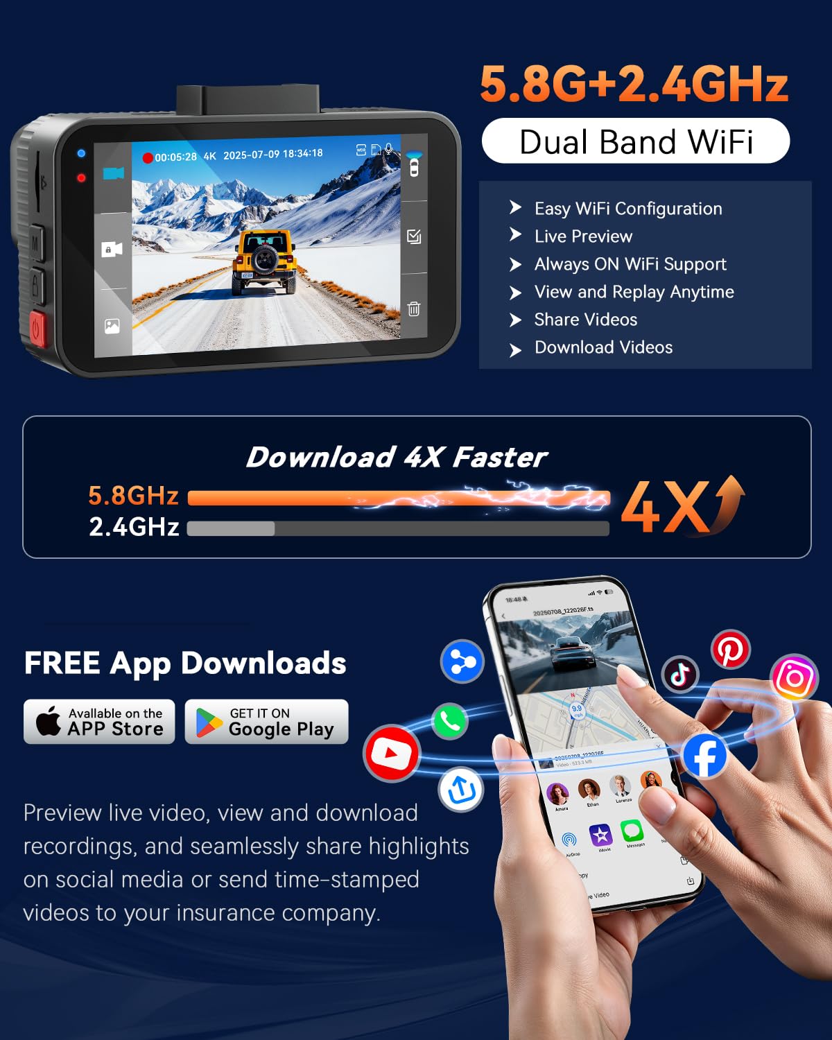 4K+4K Dual Dash Cam Front and Rear, Free 128GB Card, Starlight Night Vision view 6