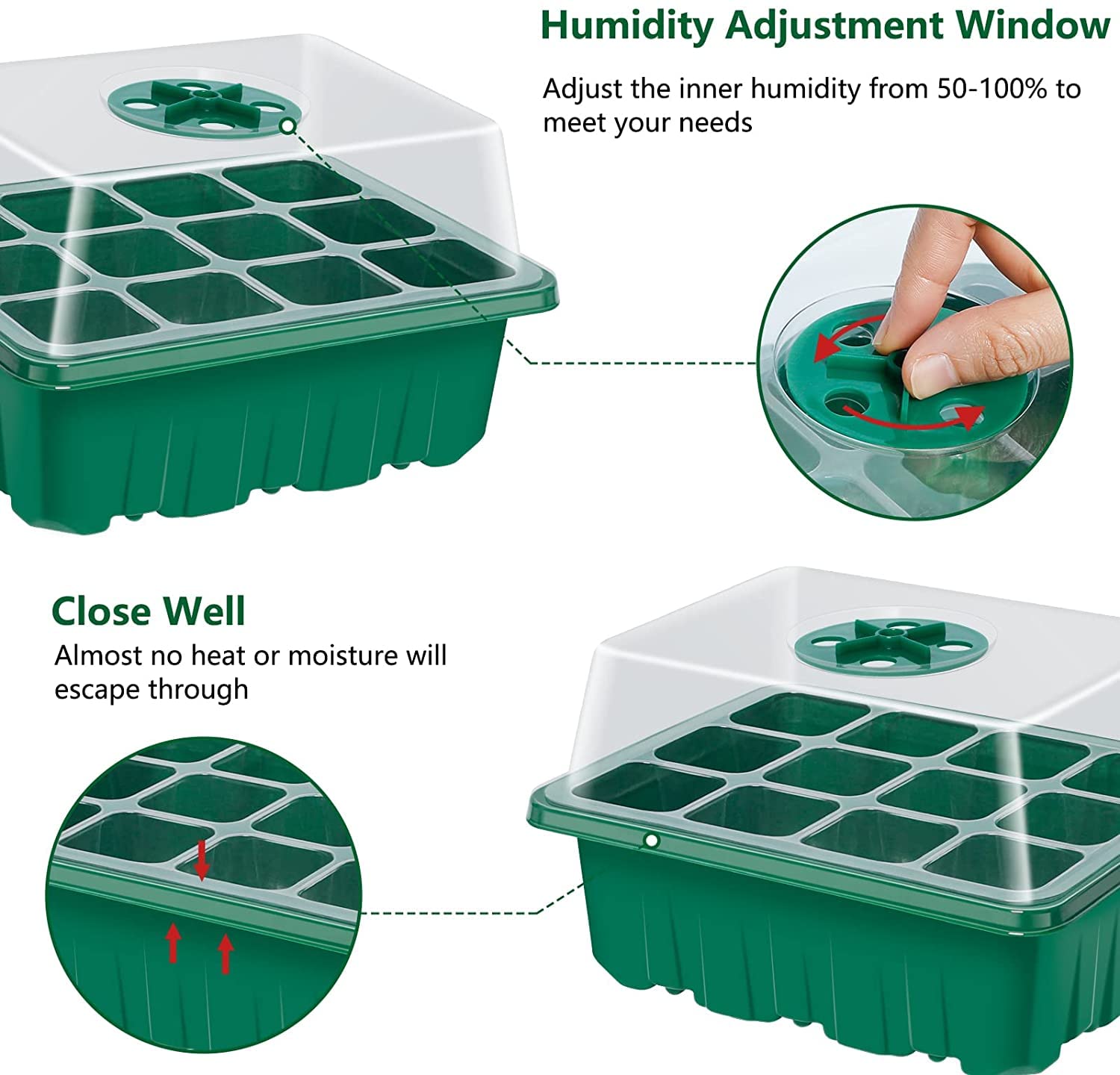 KAHEIGN 12Pcs Plateaux de Démarrage de Semences, 144 Cellules Plastique Très Résistant pour Propagation de Graines avec Dôme De Ventilation Et Socle, 20 étiquettes De Plantes, 2 Semis Outils
