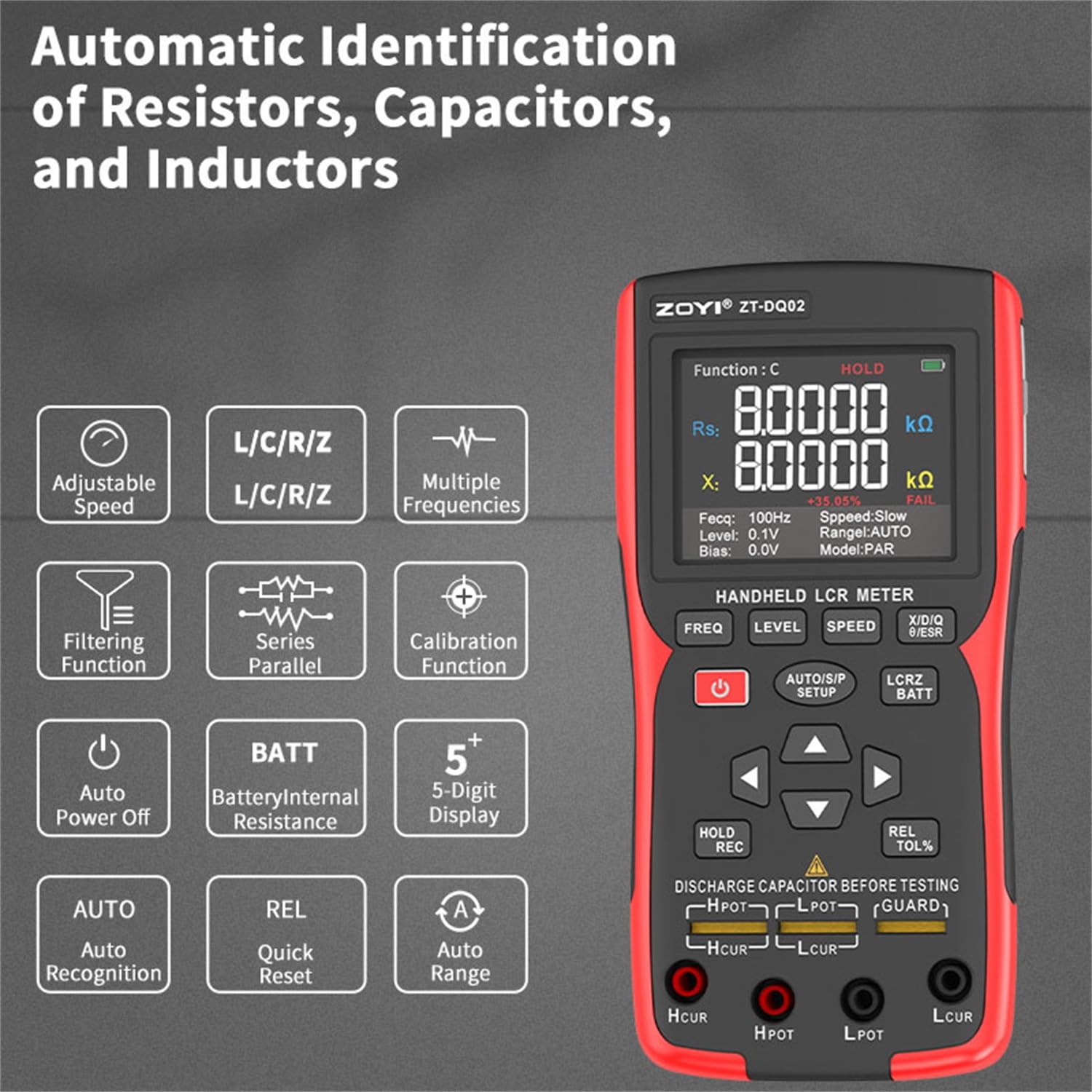 Handheld LCR Bridge Meter Battery Internal Resistance Tester High Precision Capacitance Inductance Multimeter 4 Wire Kelvin Clip 100Hz-100KHz