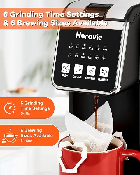 Horavie Single Serve Coffee Maker with Built-in Grinder, Fast Brew 6-16oz Single Cup for Whole Beans, Grounds, K Pod, Grind and Brew Coffee Maker with 47oz Water Tank, Descaling Alert, Black - 5