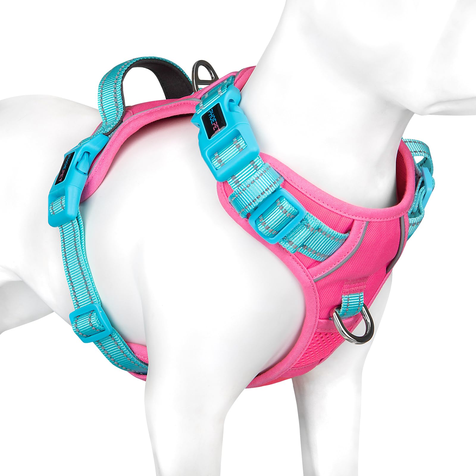 PHOEPET Dog Harness No Pull, Escape Proof Adjustable Vest, Reflective Choke Free Harness with Easy Control Handle for Small Medium Large Dogs Walking and Training(Pink Base & Green Straps,M)